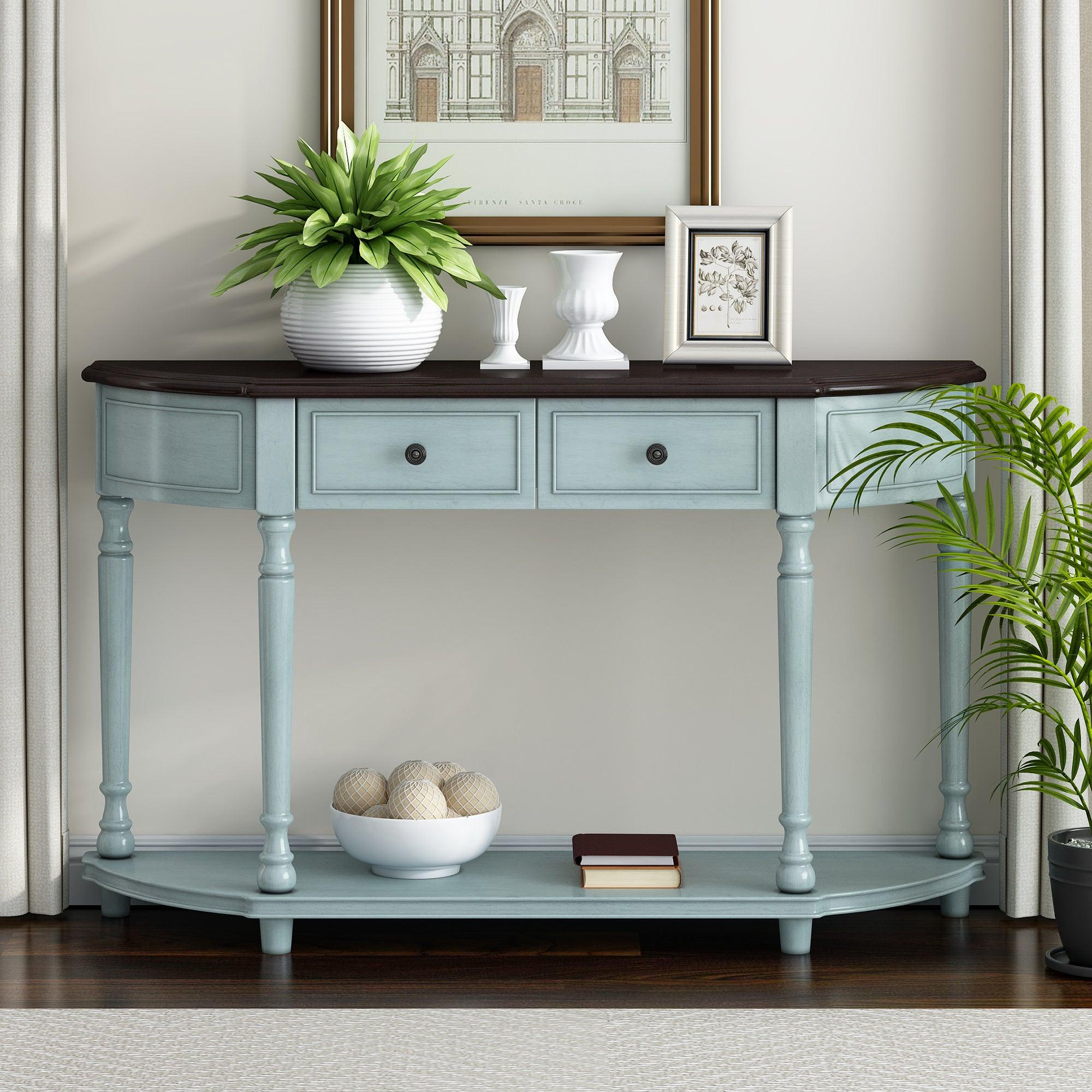 🆓🚛 Retro Circular Curved Design Console Table With Open Style Shelf Solid Wooden Frame & Legs Two Top Drawers, Cherry + Antique Blue,