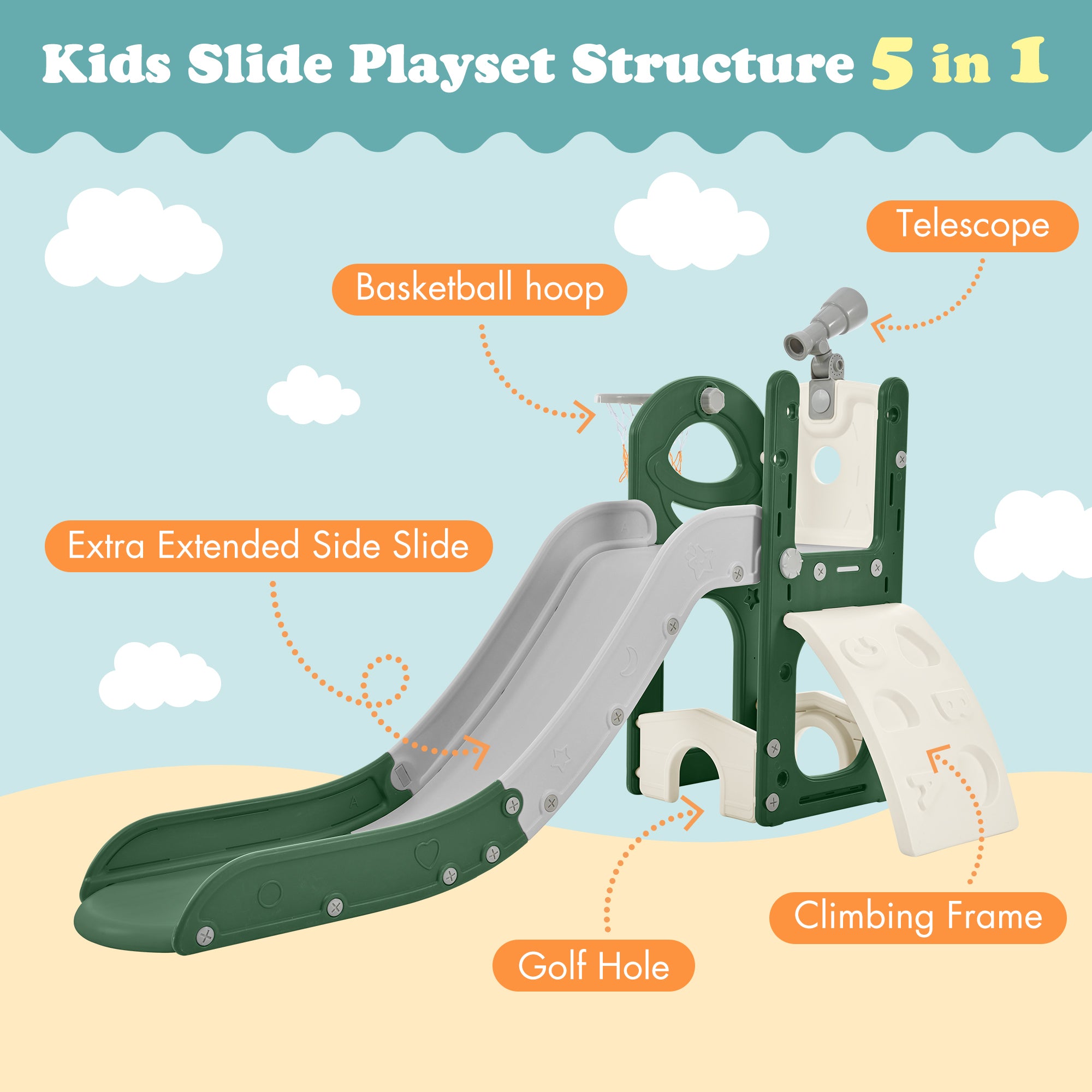 🆓🚛 Kids Slide Playset Structure 5 In 1, Freestanding Spaceship Set With Slide, Telescope & Basketball Hoop, Golf Holes for Toddlers, Kids Climbers Playground, Green & Gray