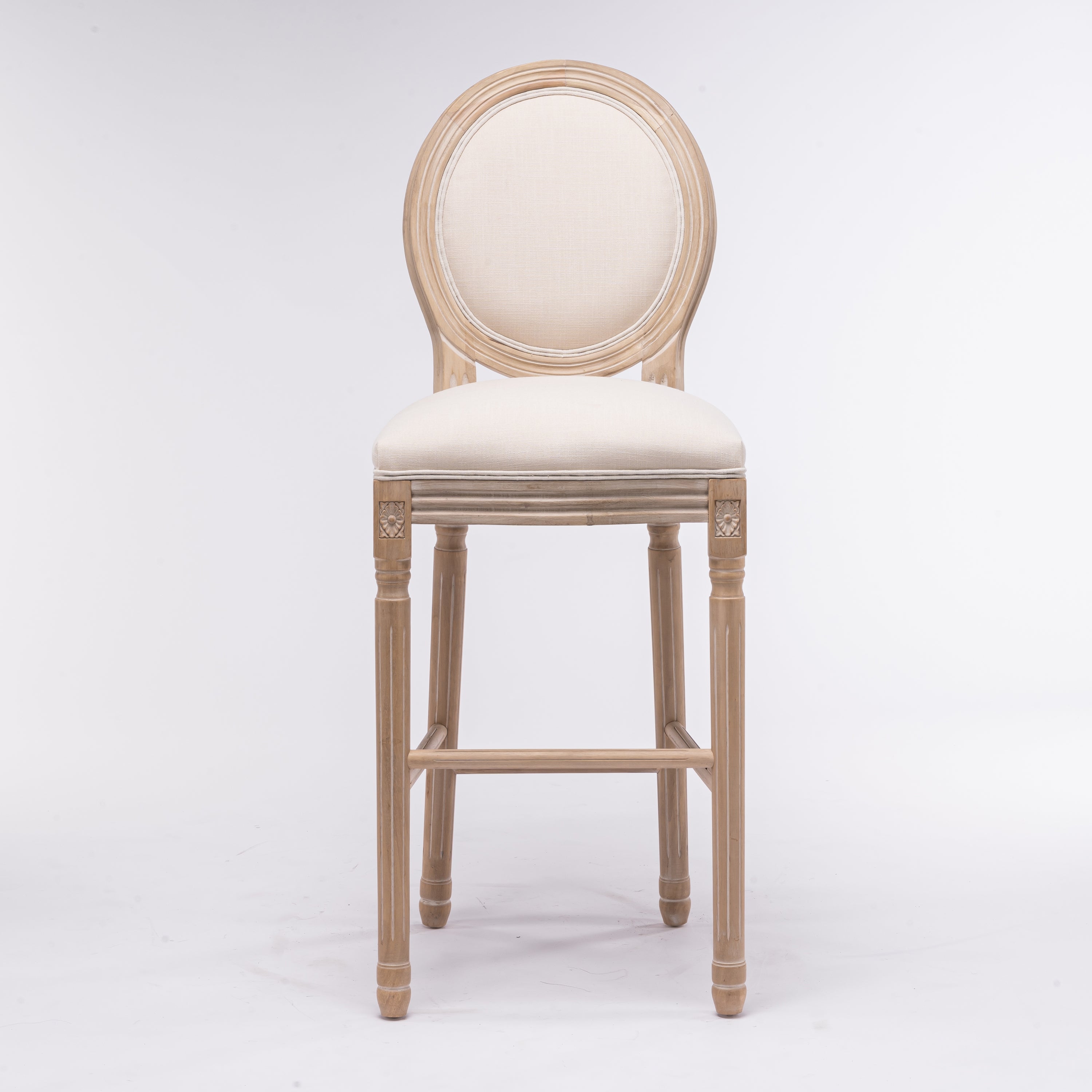 French Country Wooden Bar Stools With Upholstered Seating, Beige and Natural, Set of 2