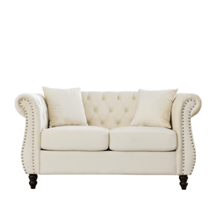 58.8" Chesterfield Sofa Beige Velvet for Living Room, 2 Seater Sofa Tufted Couch with Rolled Arms and Nailhead with 2 Pillows