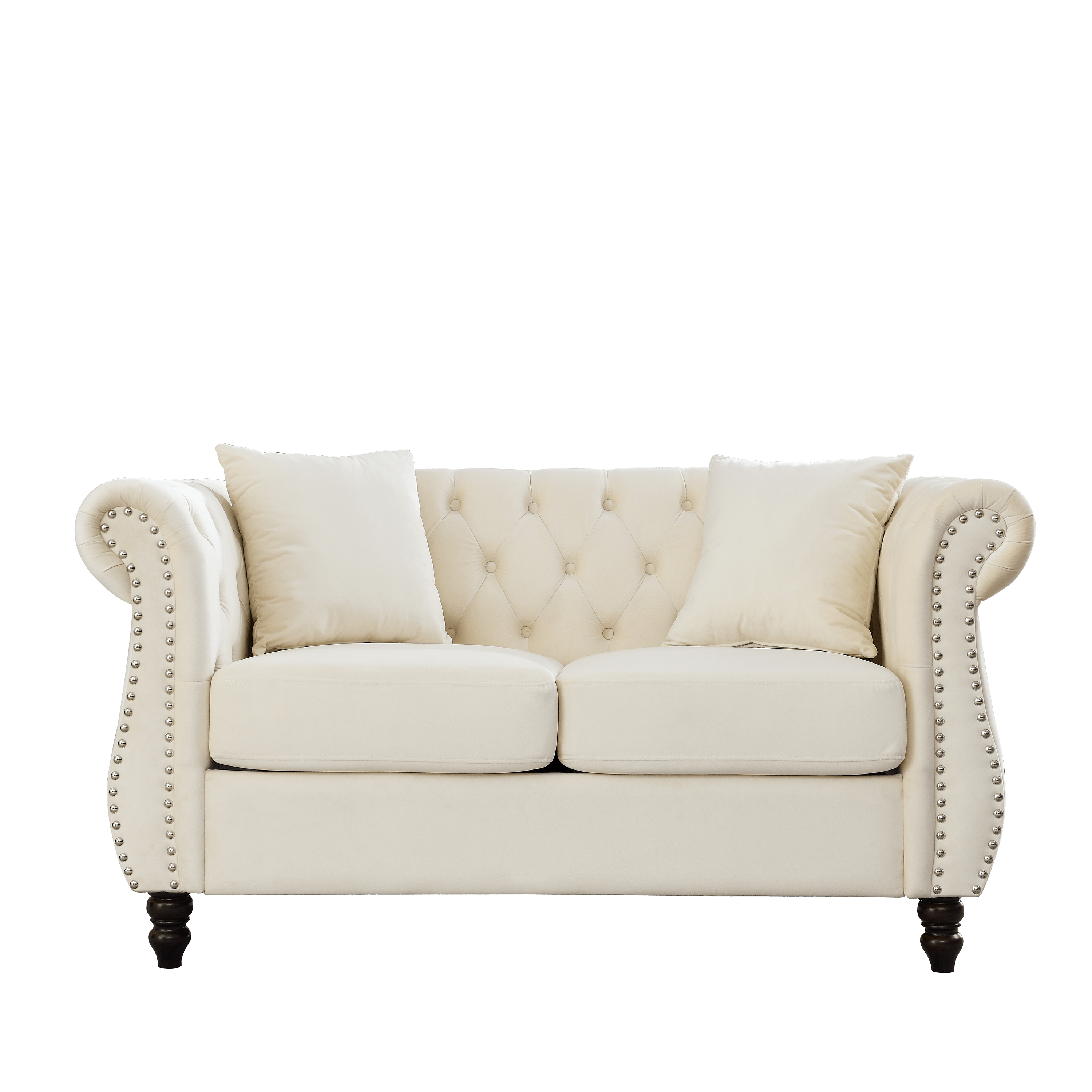 58.8" Chesterfield Sofa Beige Velvet for Living Room, 2 Seater Sofa Tufted Couch with Rolled Arms and Nailhead with 2 Pillows