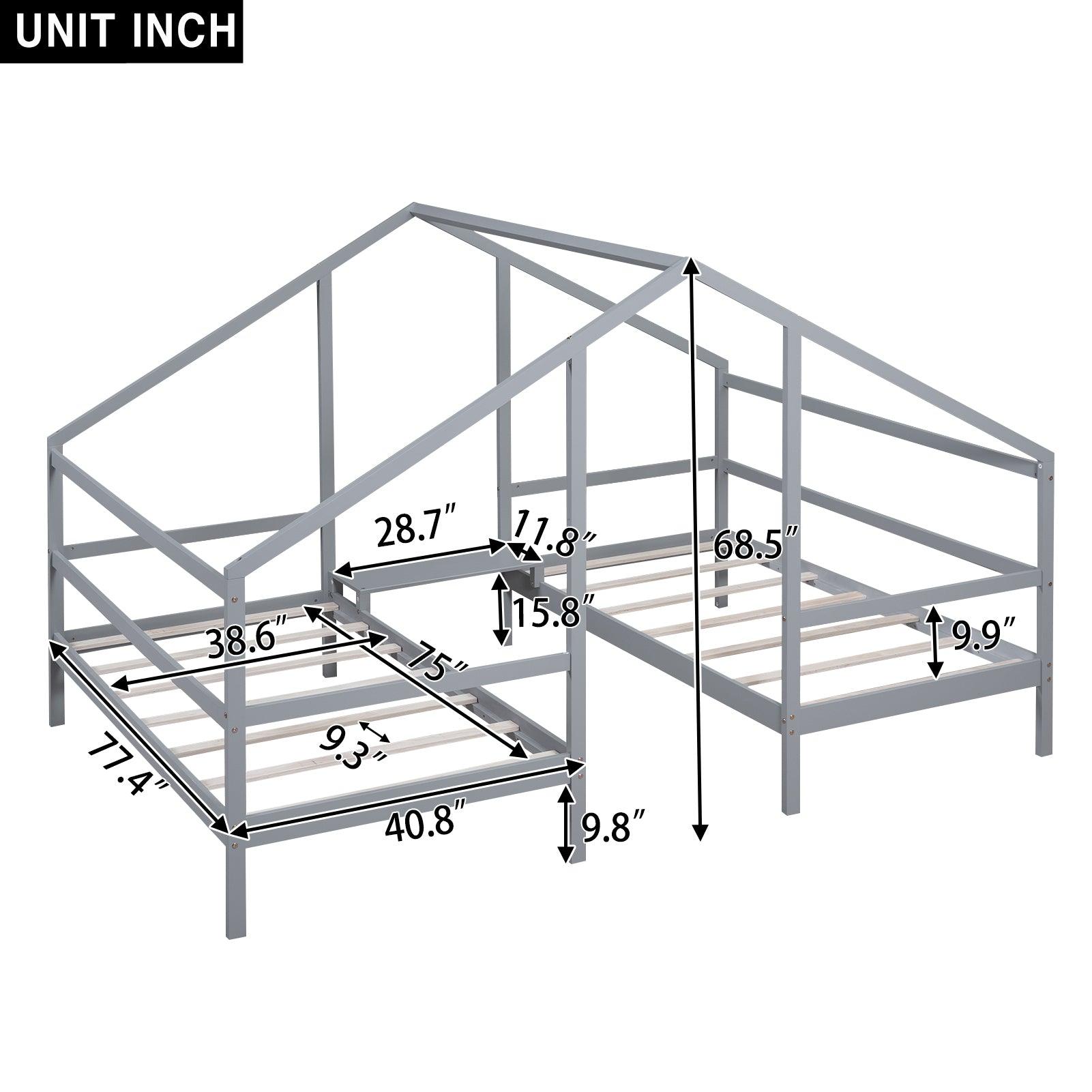 Double Twin Size Triangular House Beds with Built-in Table, Gray