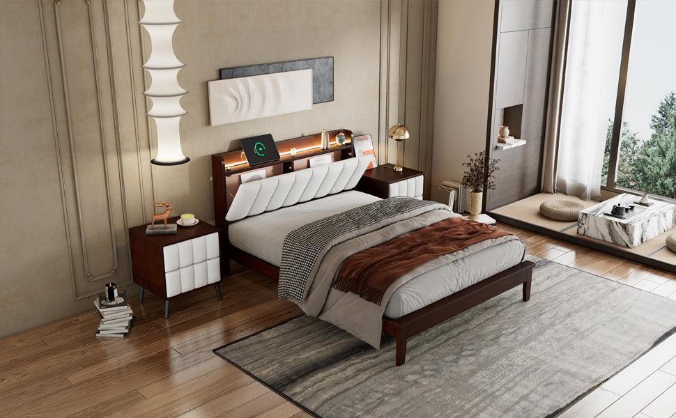 Full size Platform Bed with USB Charging Station and Storage Upholstered Headboard, LED Bed Frame, No Box Spring Needed, Walnut+Beige