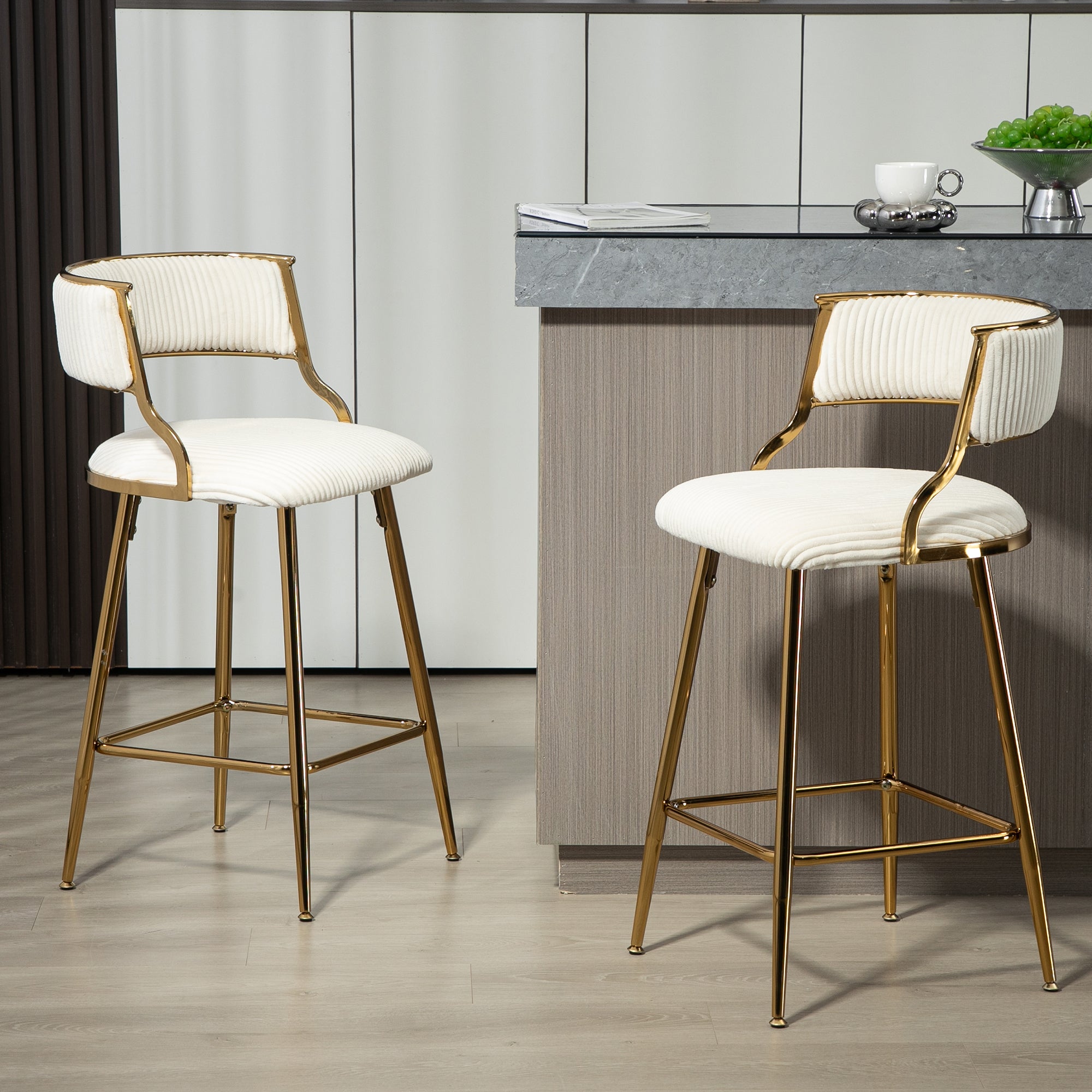 (Set of 2) 26'' Counter Height Bar Stools Corduroy Kitchen Island Counter Bar Stool With Back, Golden Chromed Base and Footrest (Beige)