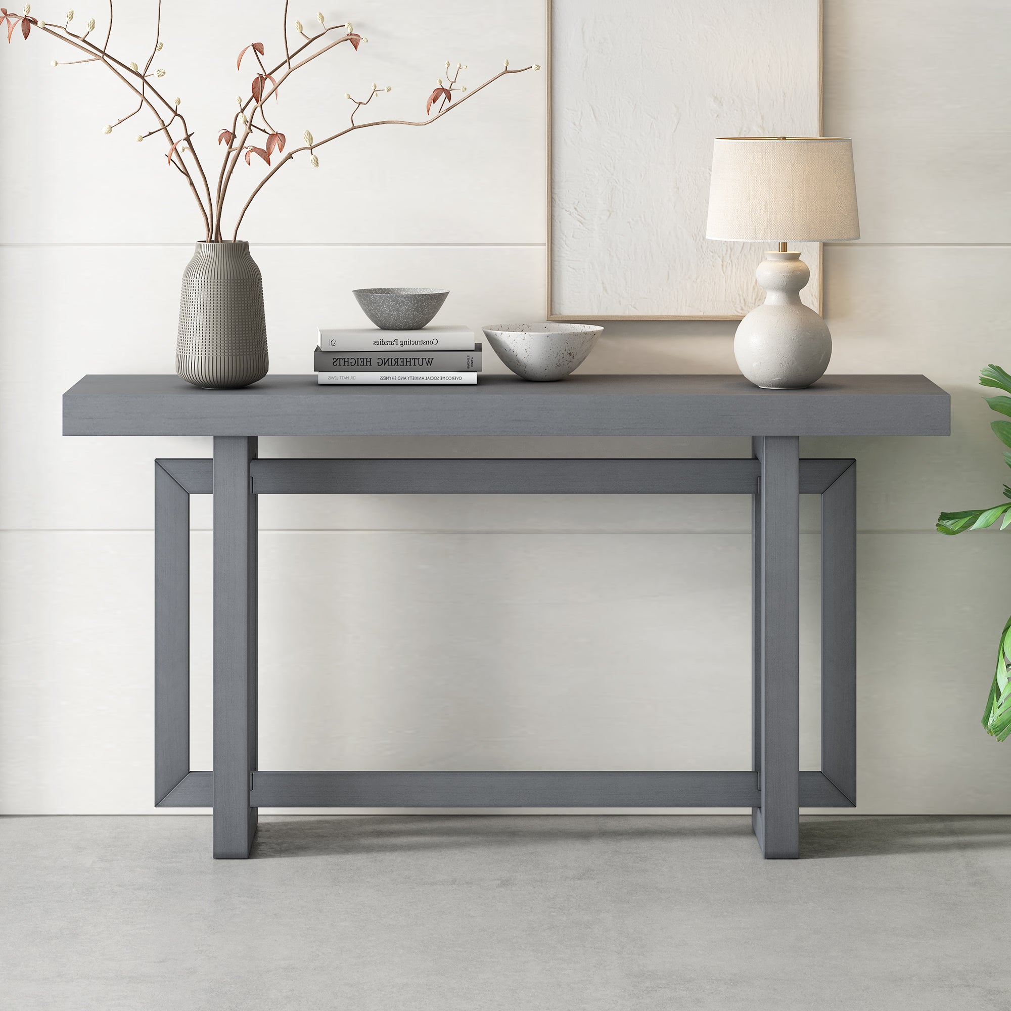 🆓🚛 Contemporary Console Table With Industrial-Inspired Concrete Wood Top, Extra Long Entryway Table, Gray