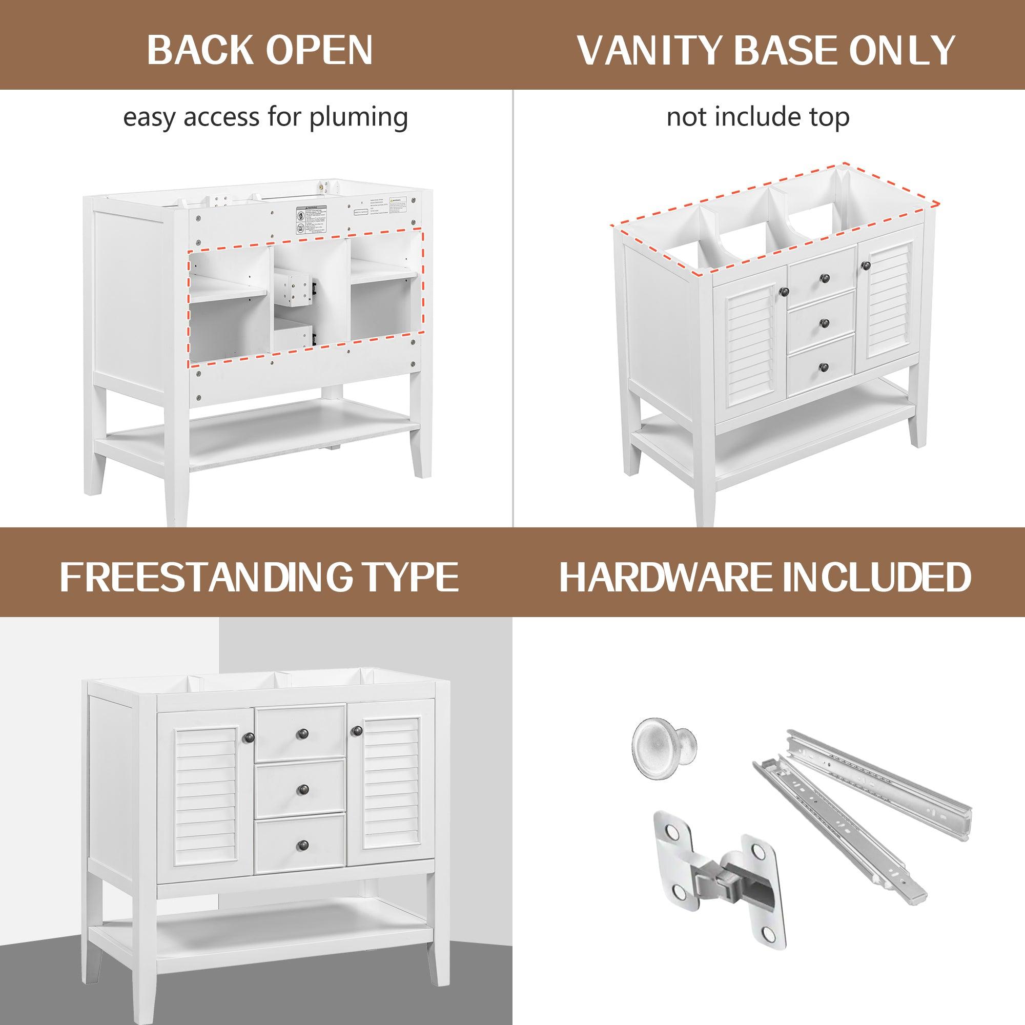 🆓🚛 36" Bathroom Vanity Without Sink, Cabinet Base Only, Two Cabinets & Drawers, Open Shelf, Solid Wood Frame, White