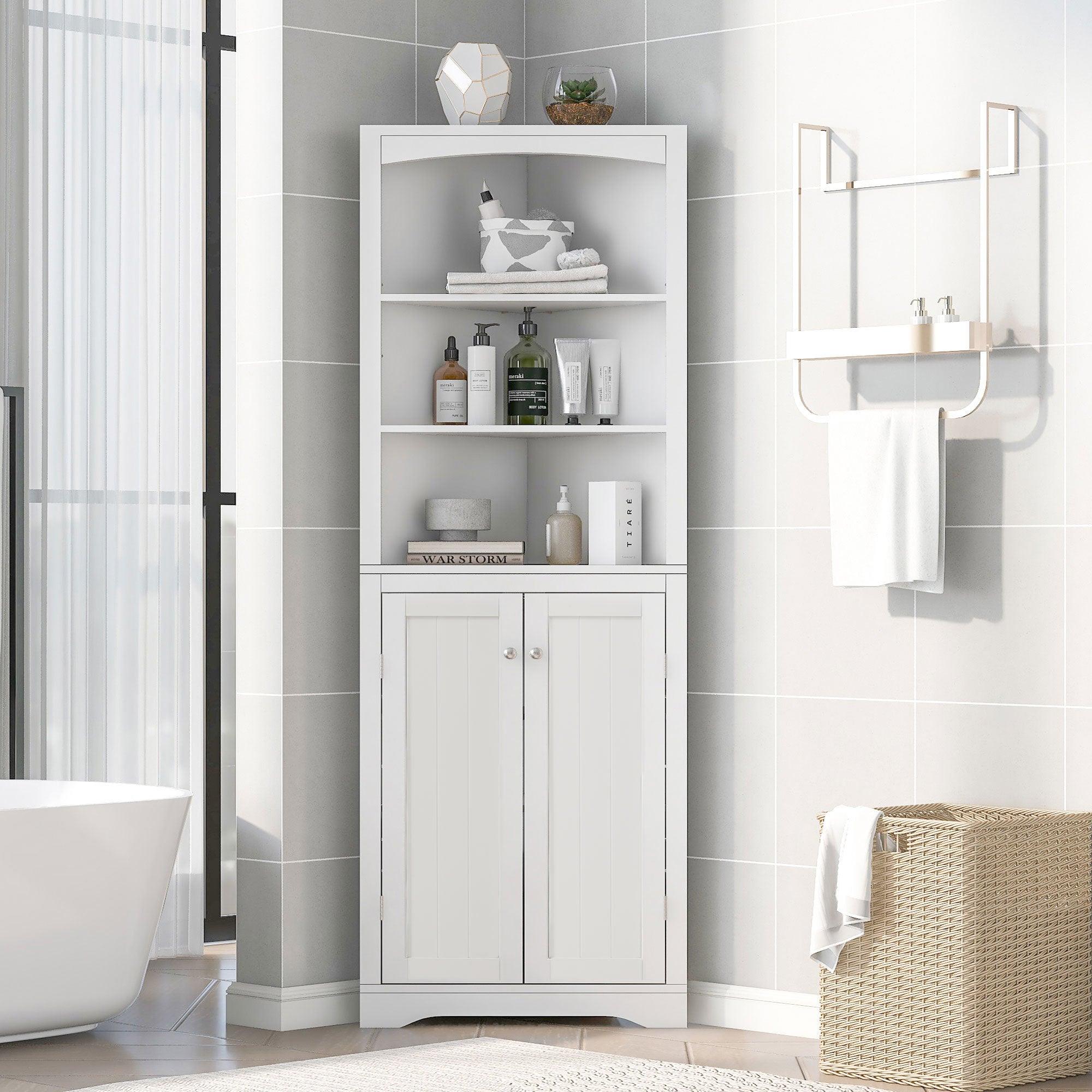 🆓🚛 White Bathroom Storage Corner Cabinet With Adjustable Shelves & Doors, Multi-Functional Tall Storage Cabinet for Kitchen, Living Room Or Entryway