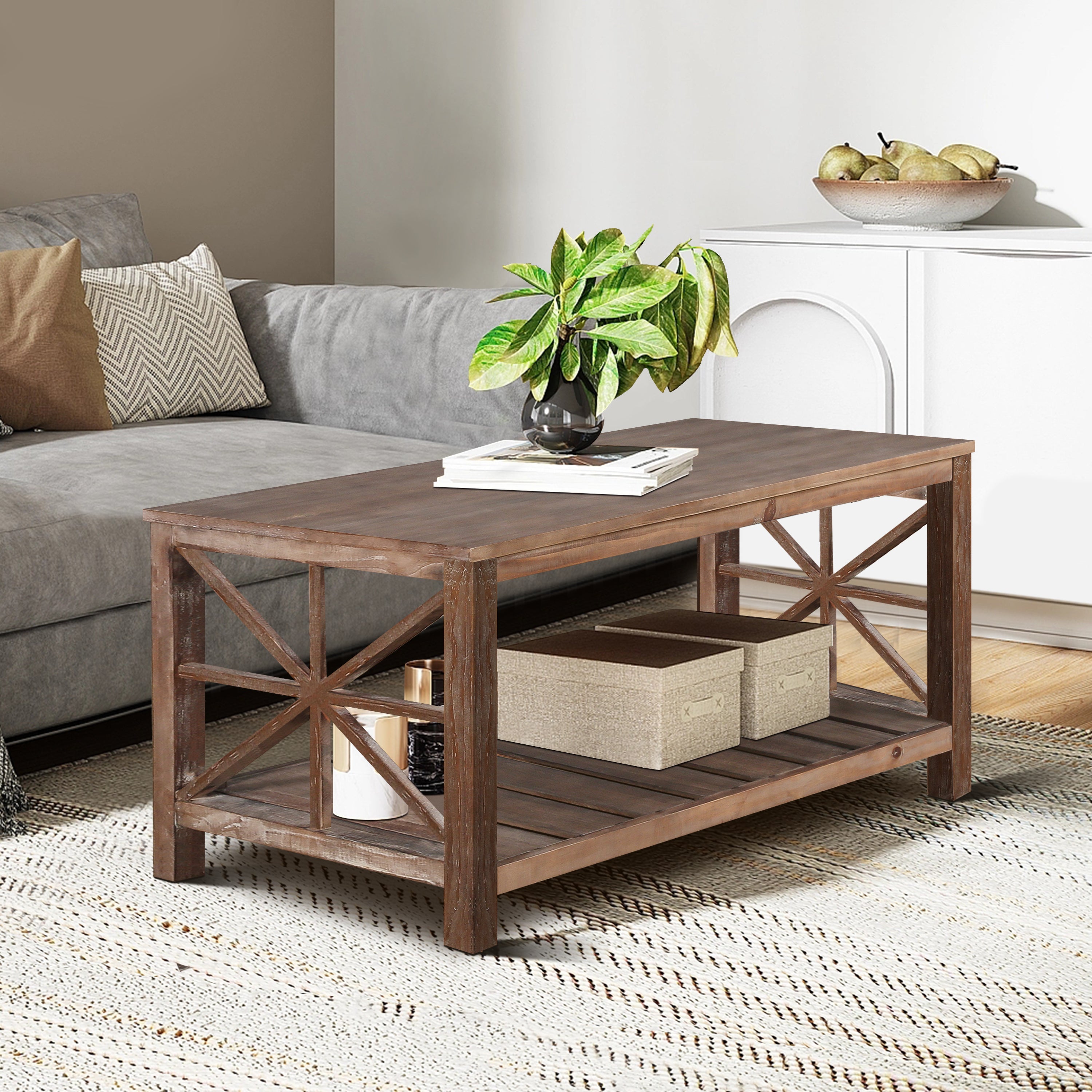 47 Inch Modern Coffee Table With Storage Shelf, Farmhouse Rectangle Living Room Center Table for Small Spaces(Antique Brown)