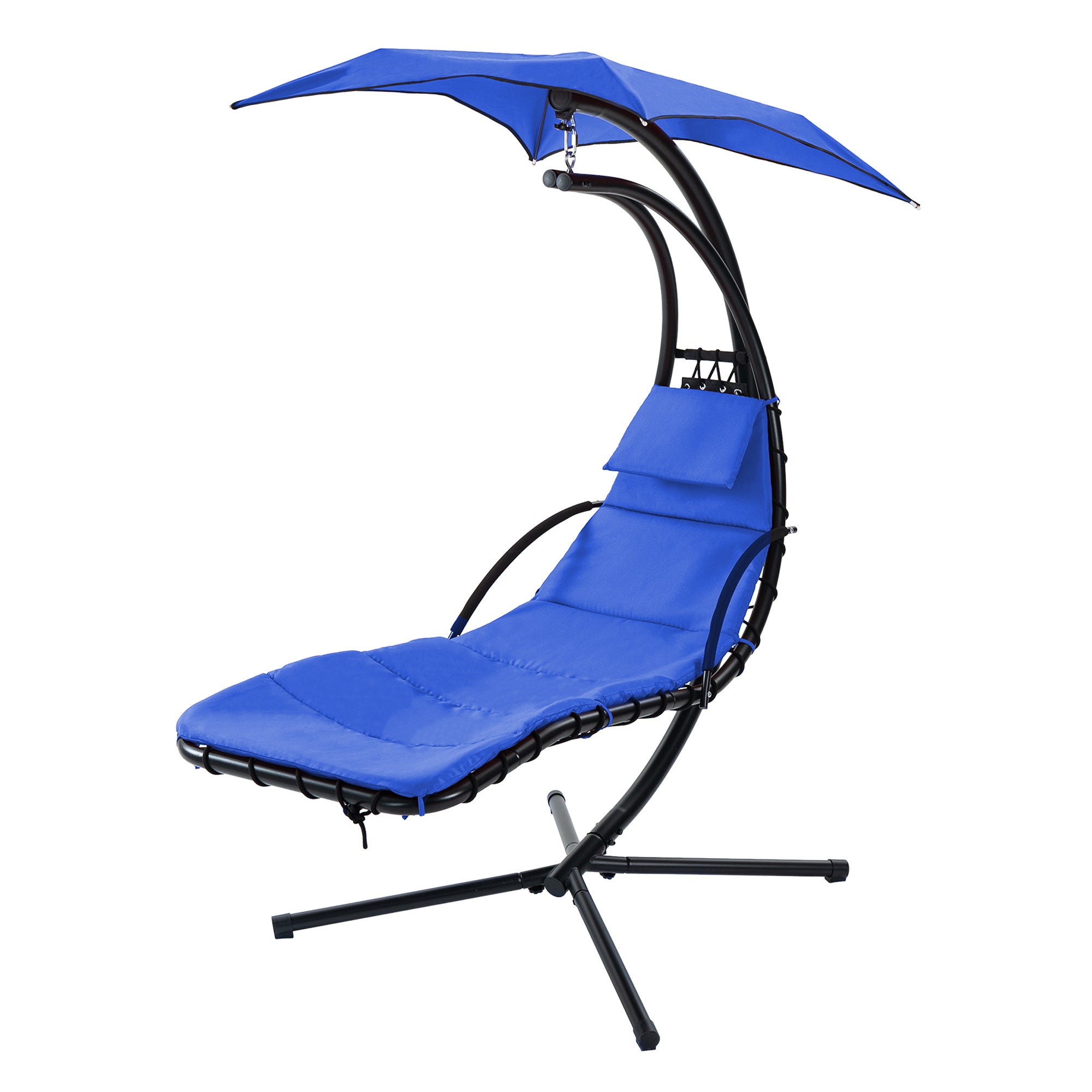 🆓🚛 Hanging Chaise Lounger With Removable Canopy, Outdoor Swing Chair With Built-In Pillow for Patio Porch Poolside, Hammock Chair With Stand, Blue