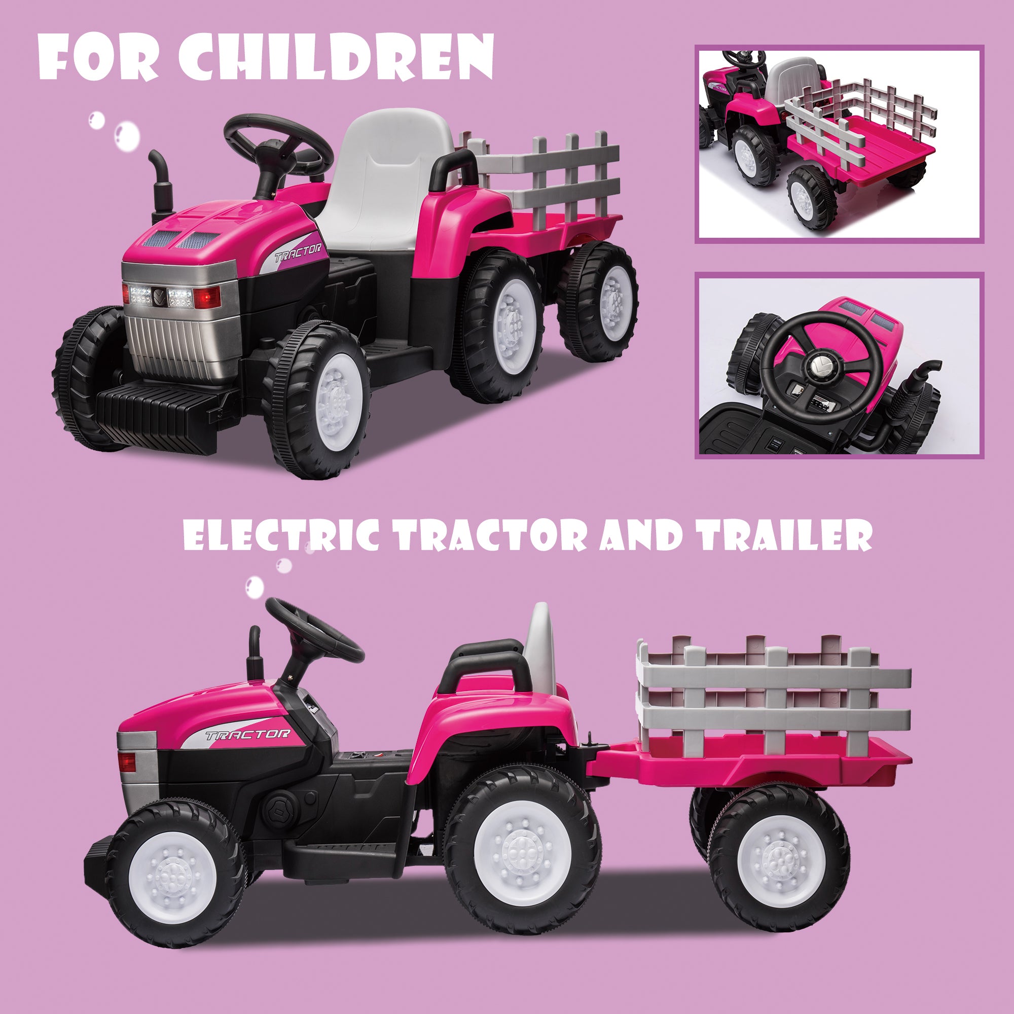 🆓🚛 12V7Ah Battery-Powered Toy Tractor With Trailer, Remote Control, Kids' Electric Excavator Vehicles With 2X35W Dual Motor, Treaded Tires, Led Lights, Usb, Music, Safety Belt, Pink