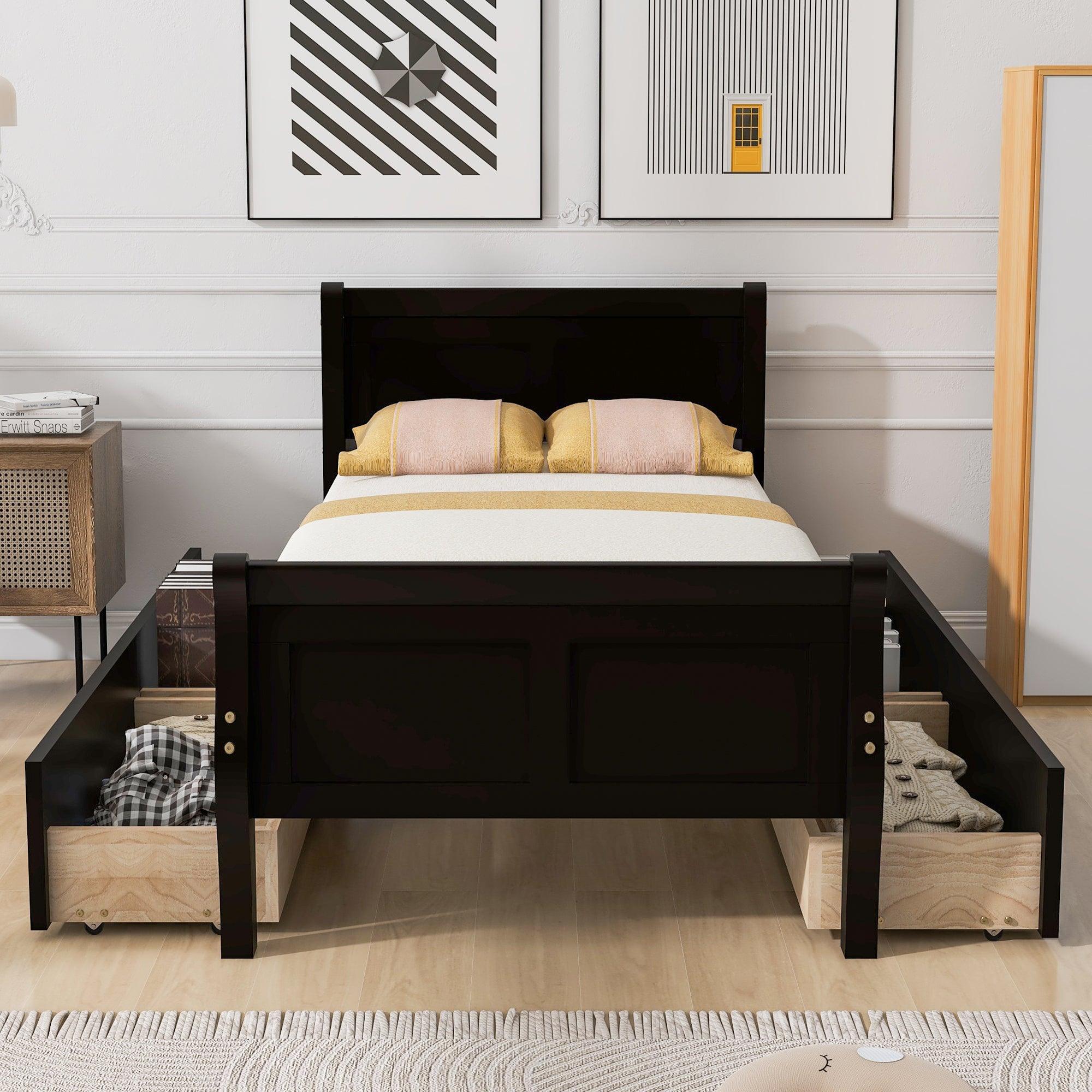 🆓🚛 Twin Size Wood Platform Bed With 4 Drawers & Streamlined Headboard & Footboard, Espresso