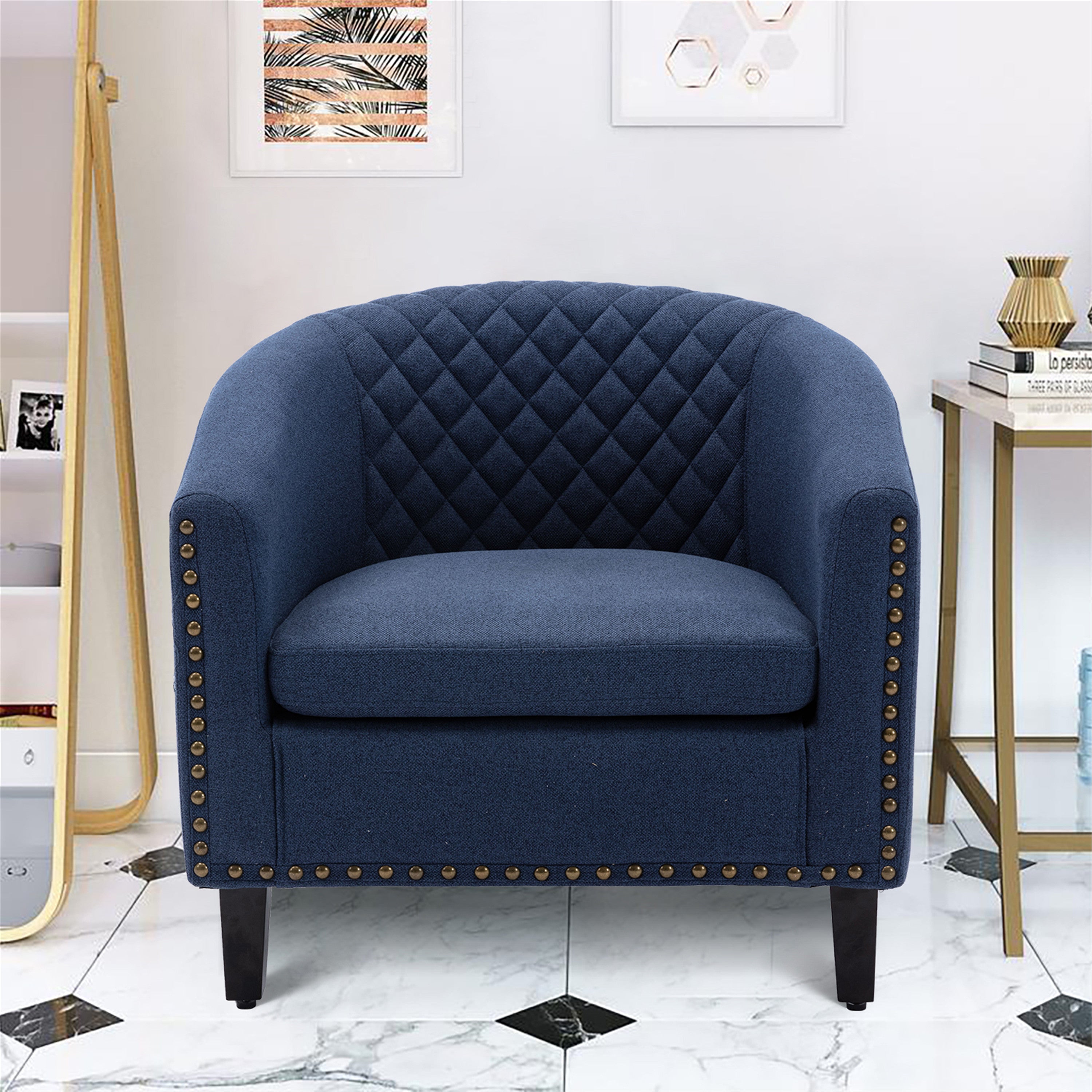 🆓🚛 Accent Barrel Chair Living Room Chair With Nailheads and Solid Wood Legs, Black Navy Linen