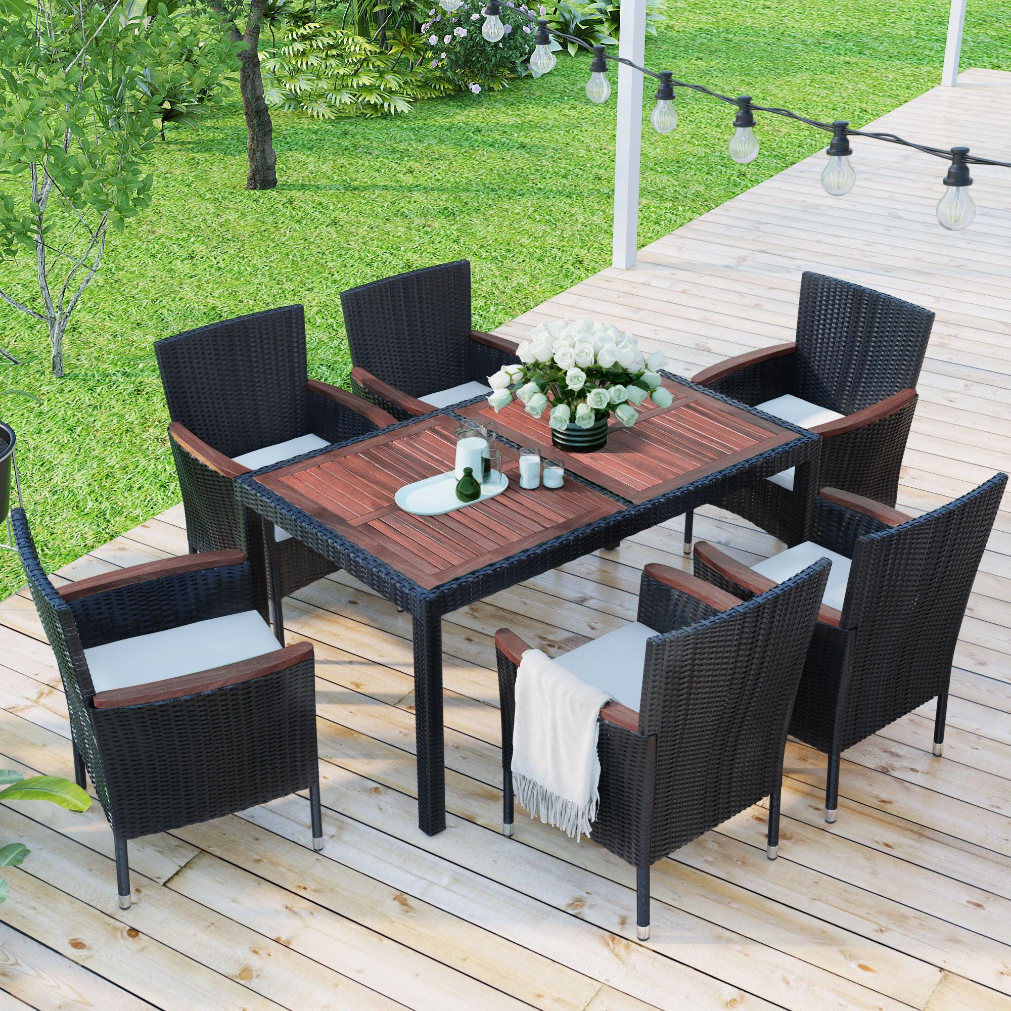 🆓🚛 7-Piece Outdoor Patio Dining Set, Garden PE Rattan Wicker Dining Table and Chairs Set, Acacia Wood Tabletop, Stackable Armrest Chairs with Cushions, Reddish-brown