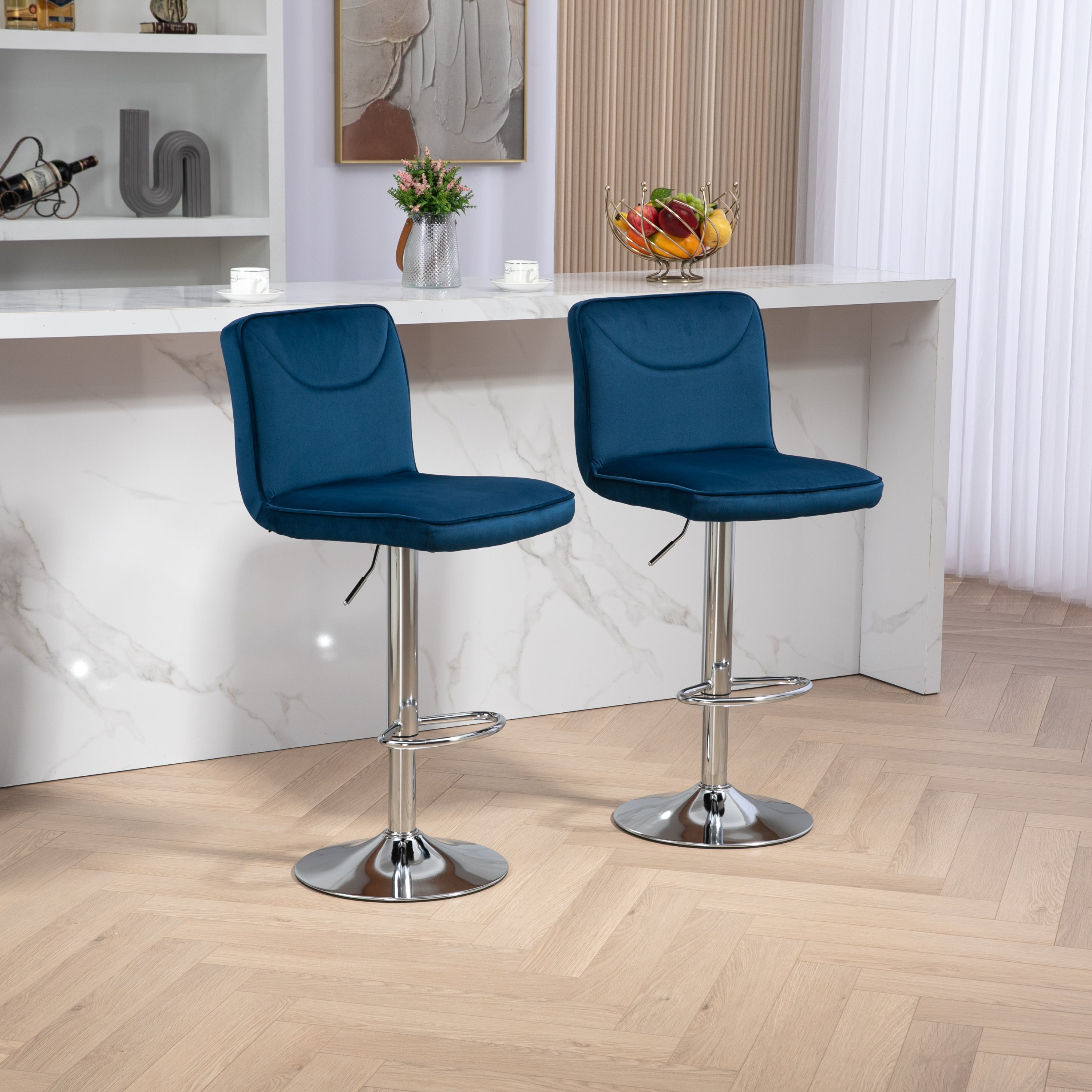 🆓🚛 Modern Swivel Bar stools Set of 2, Adjustable Counter Height Bar Chairs, with Backrest Footrest, Chrome Base, Navy Blue