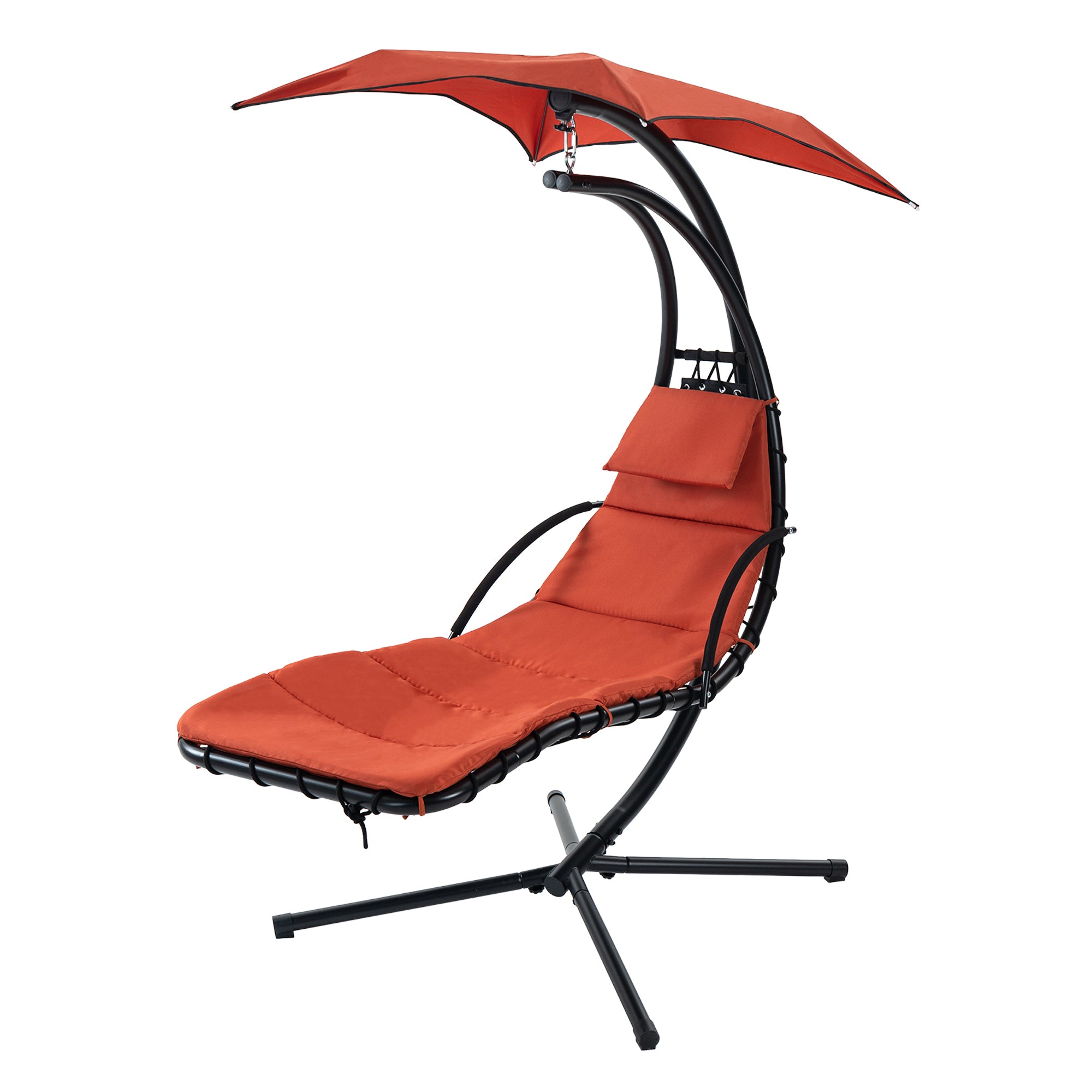 🆓🚛 Hanging Chaise Lounger With Removable Canopy, Outdoor Swing Chair With Built-In Pillow for Patio Porch Poolside, Hammock Chair With Stand, Orange