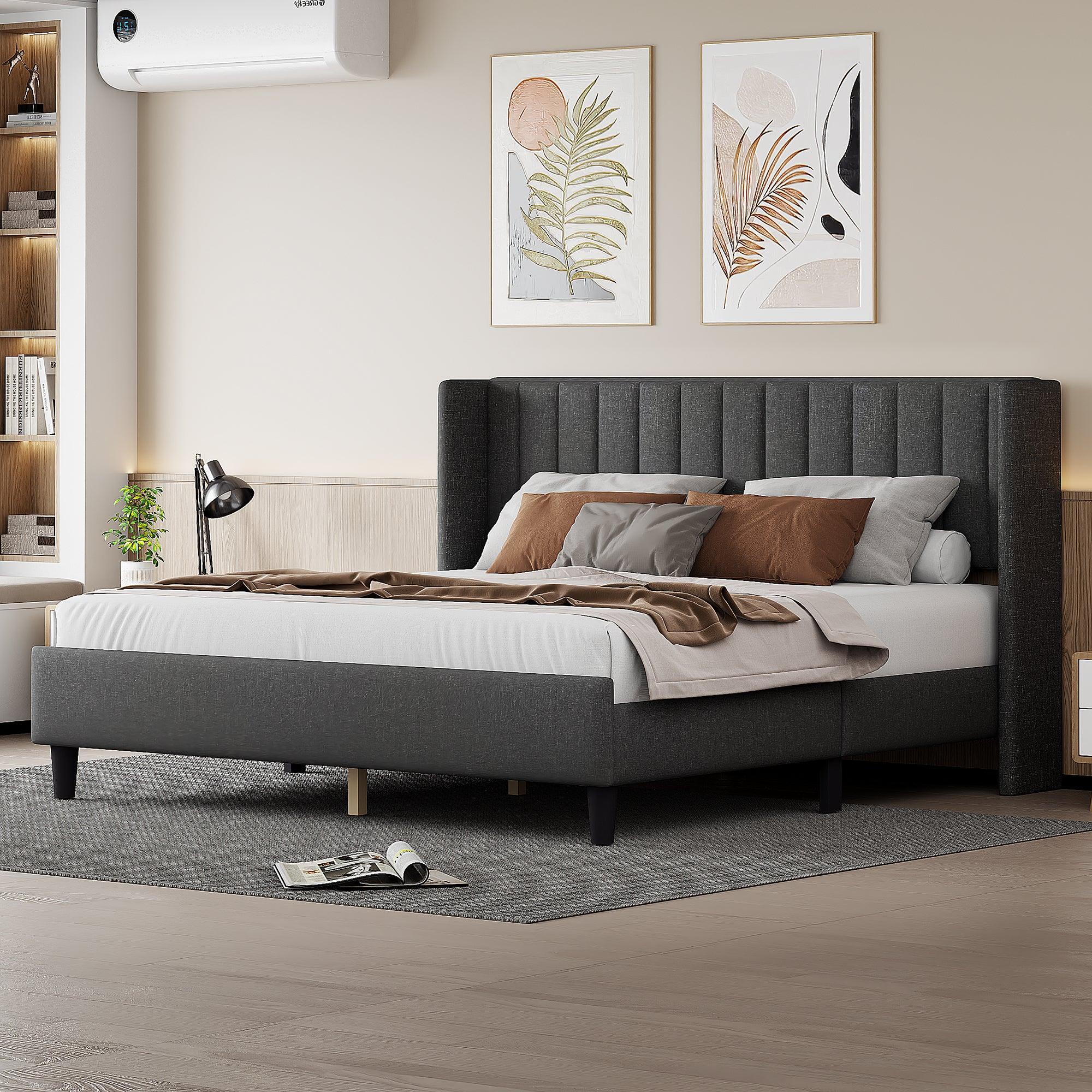 🆓🚛 King Size Upholstered Platform Bed Frame With Headboard, Mattress Foundation, Wood Slat Support, Black