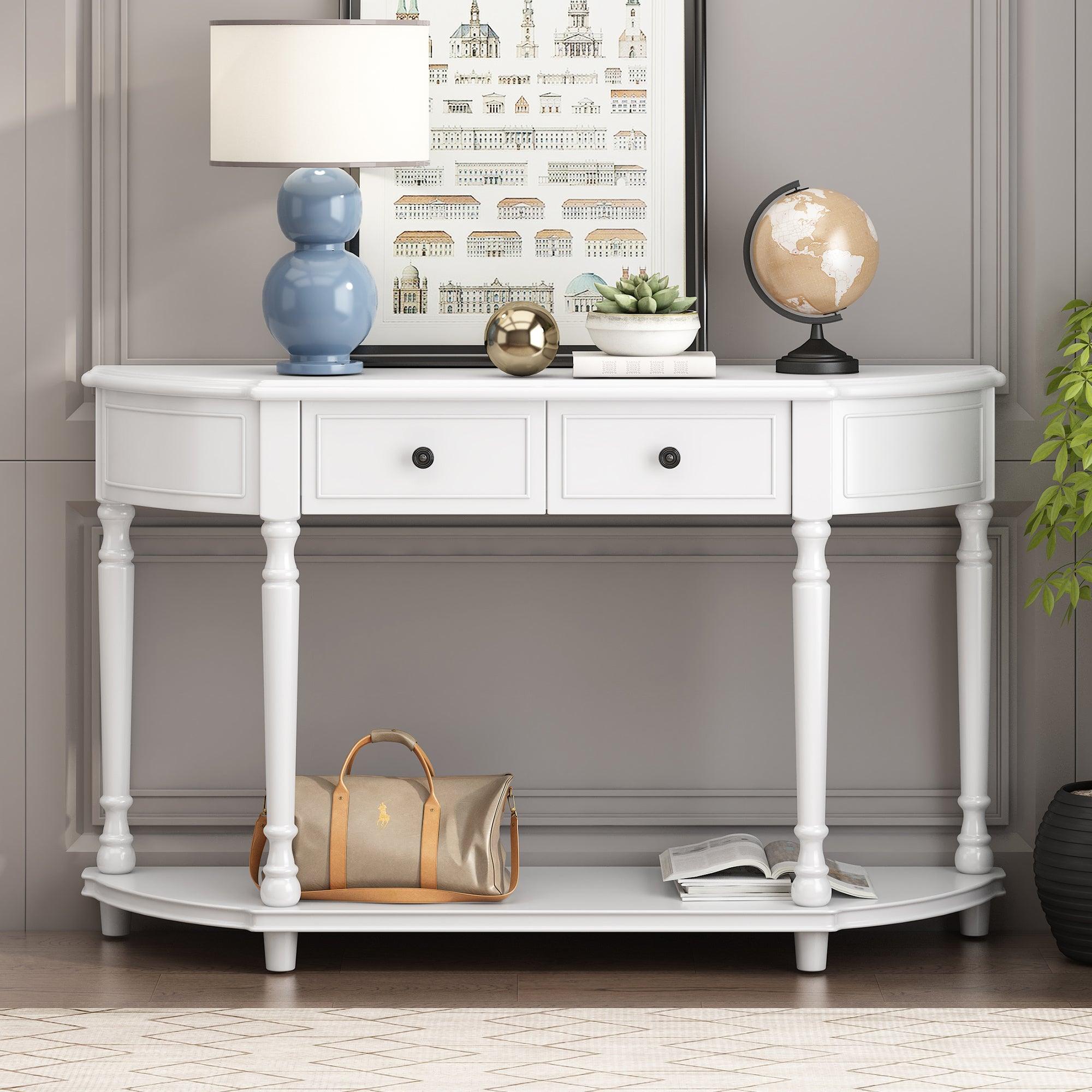 🆓🚛 Retro Circular Curved Design Console Table With Open Style Shelf Solid Wooden Frame & Legs Two Top Drawers, White