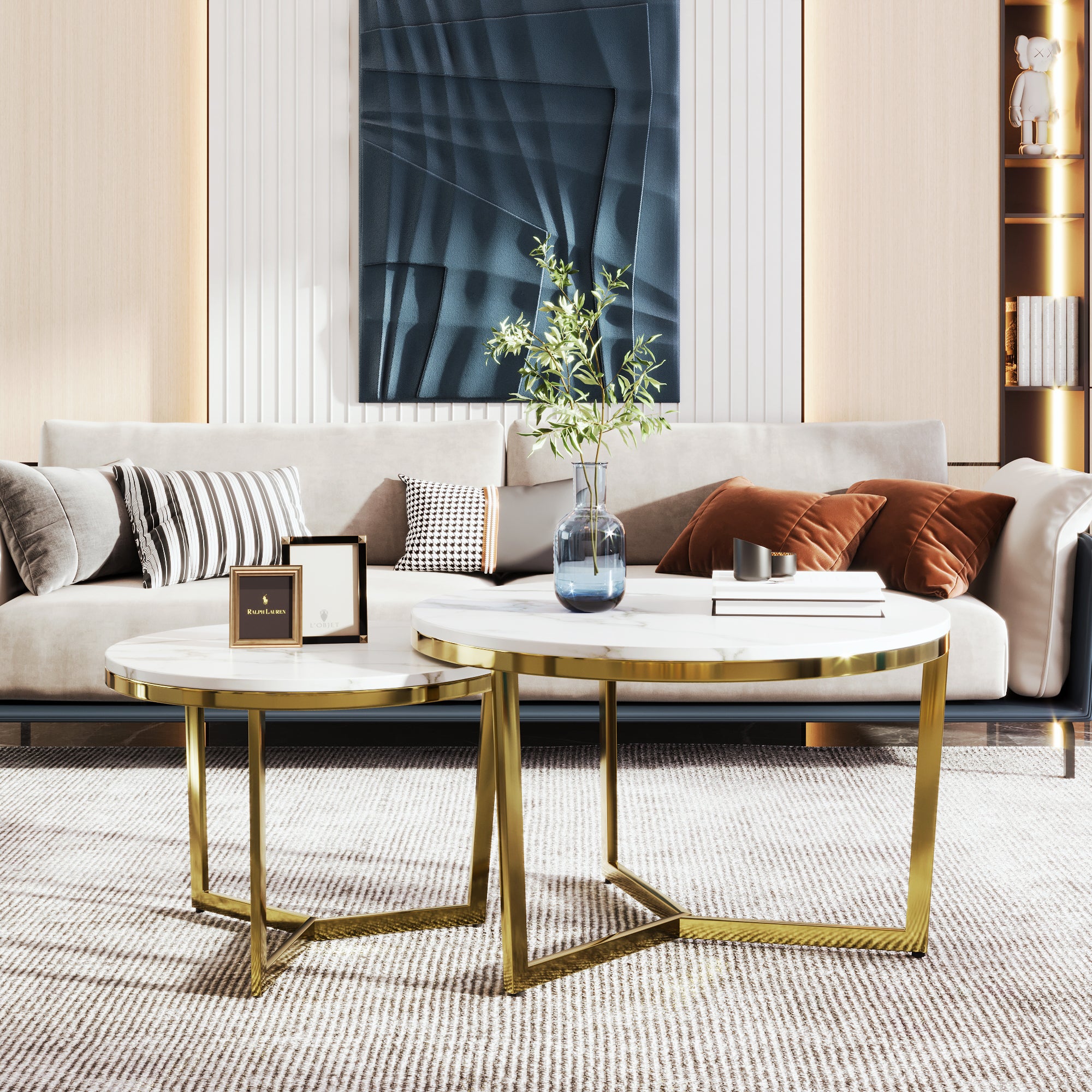 🆓🚛 Modern Round Nesting Coffee Table Set 2-Piece White & Marbling Top, Gold Base Gate Design