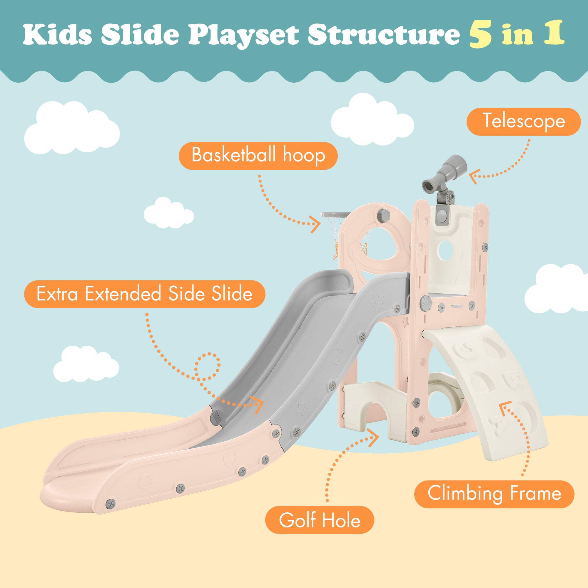 🆓🚛 Kids Slide Playset Structure 5 In 1, Freestanding Spaceship Set With Slide, Telescope & Basketball Hoop, Golf Holes for Toddlers, Kids Climbers Playground, Pink & Gray