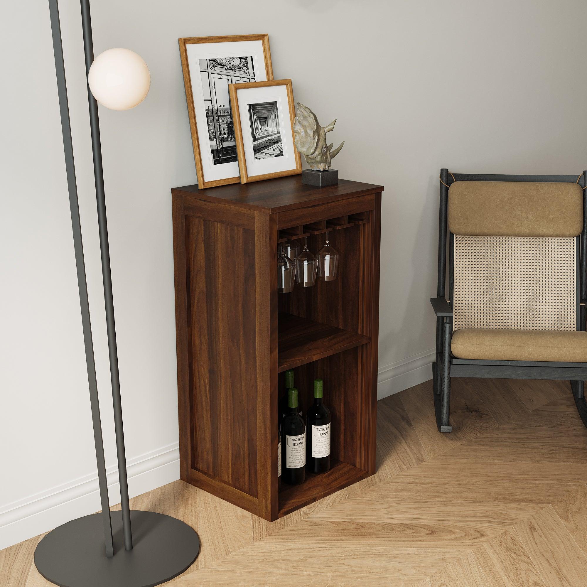 🆓🚛 Brown Walnut Color Modular Wine Bar Cabinet With Storage Shelves With Hutch for Dining Room