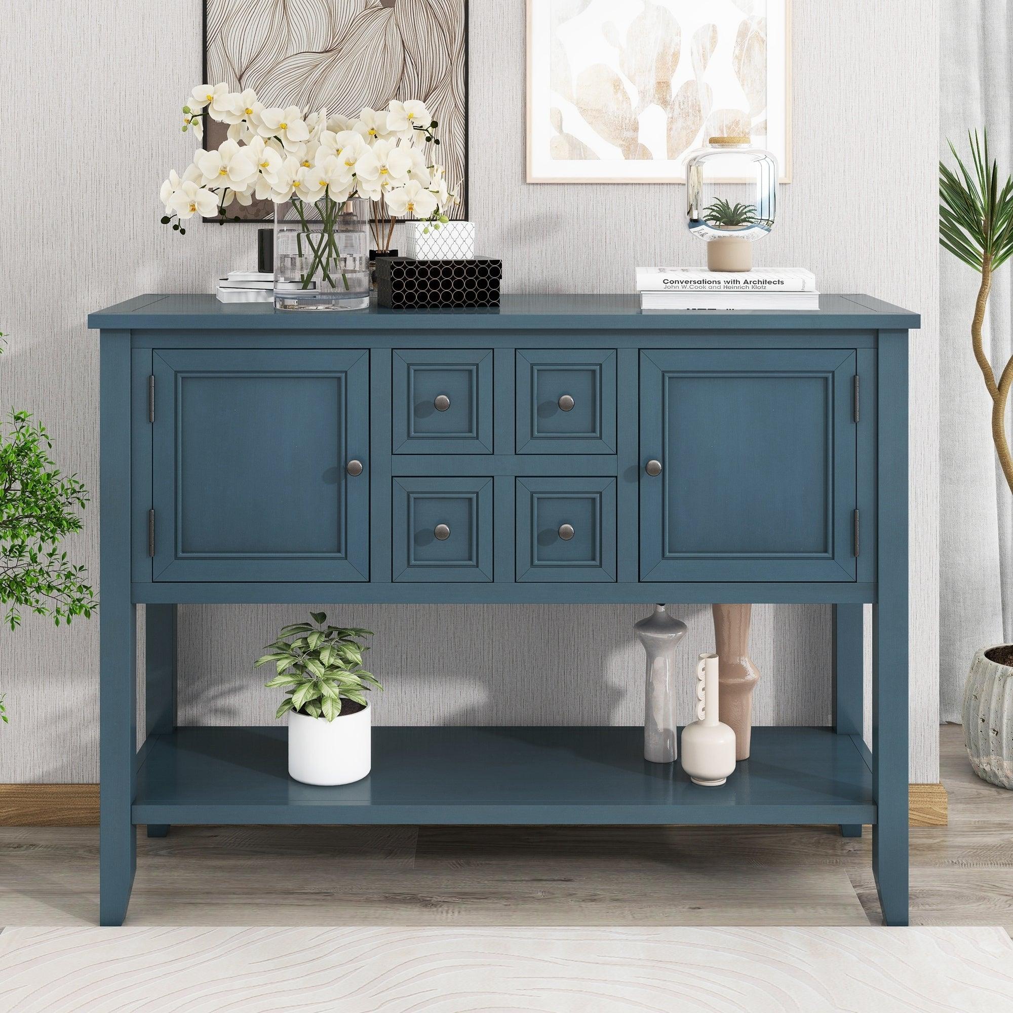 🆓🚛 Cambridge Series Ample Storage Vintage Console Table With Four Small Drawers & Bottom Shelf for Living Rooms, Entrances & Kitchens, Light Navy