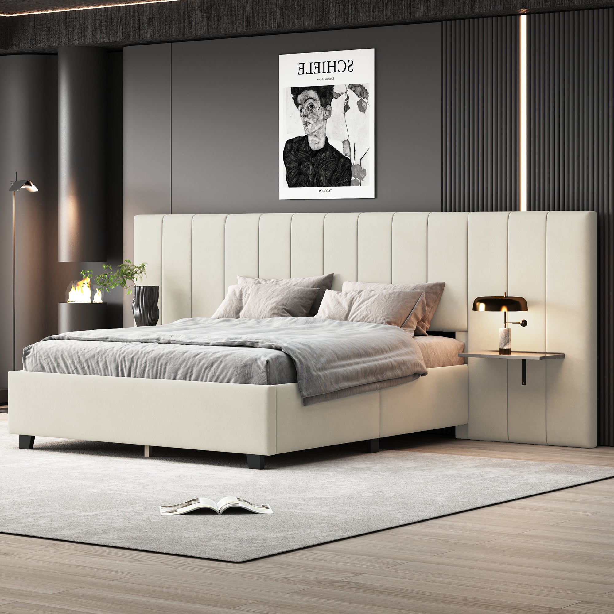 🆓🚛 Queen Size Upholstered Platform Bed with Big Headboard, Bedroom Furniture, Velvet, Beige