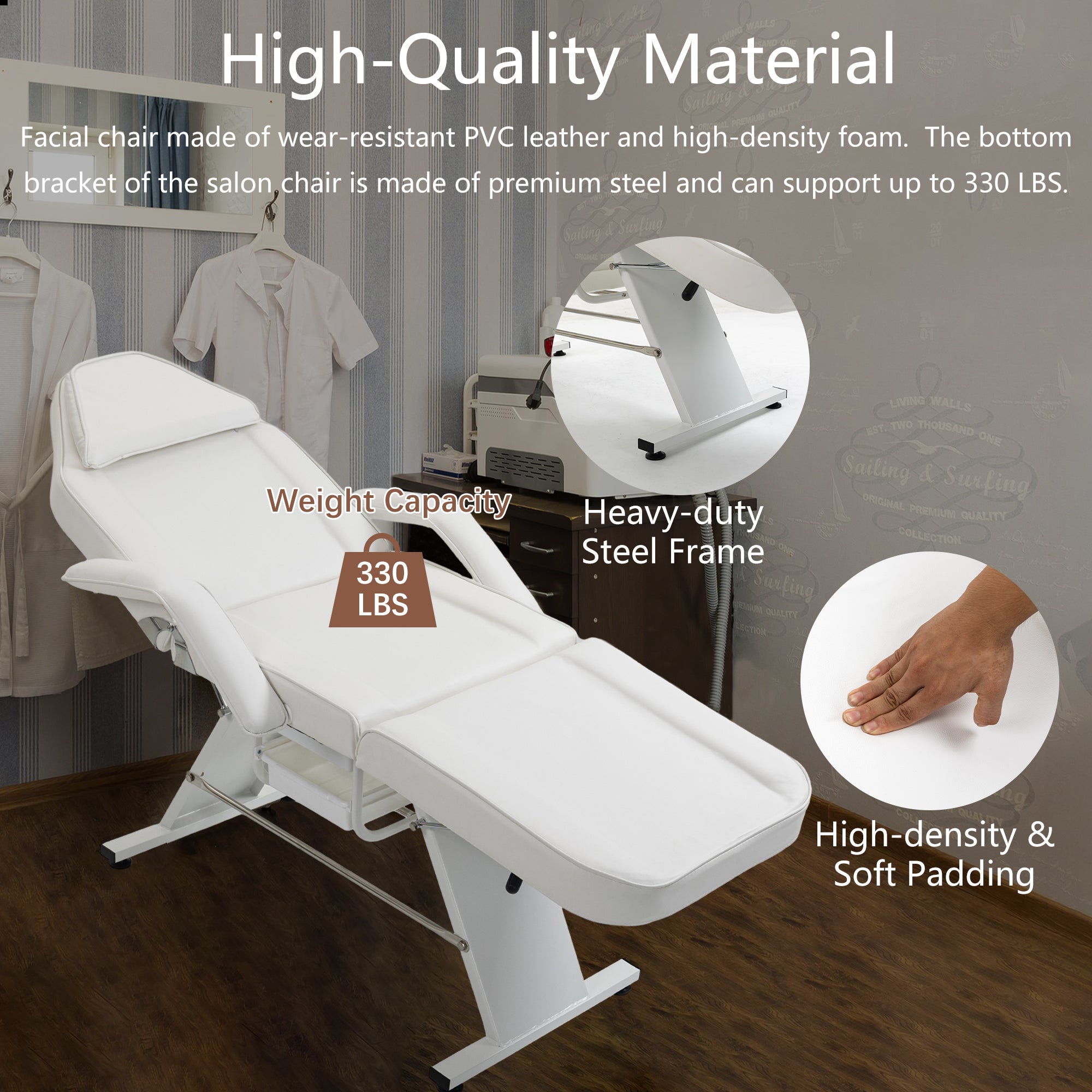 🆓🚛 Massage Salon Tattoo Chair With Two Trays Esthetician Bed With Hydraulic Stool, Multi-Purpose 3-Section Facial Bed Table, Adjustable Beauty Barber Spa Beauty Equipment, White