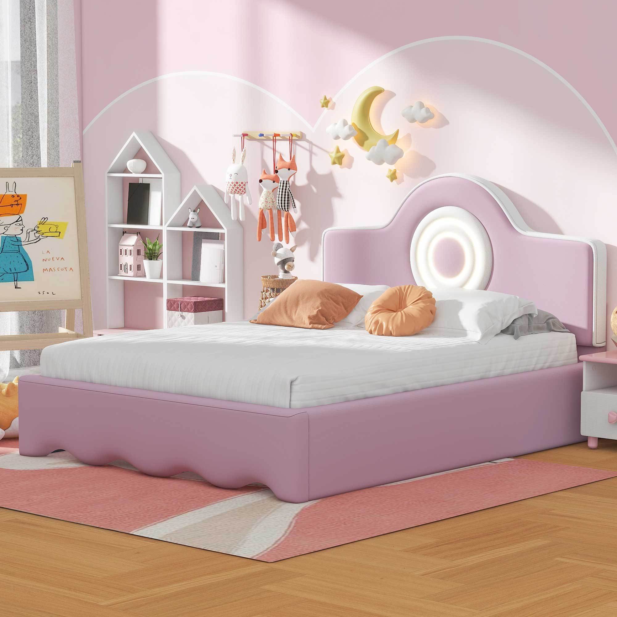 🆓🚛 Full Size Upholstered Platform Bed With Led Headboard, Pink
