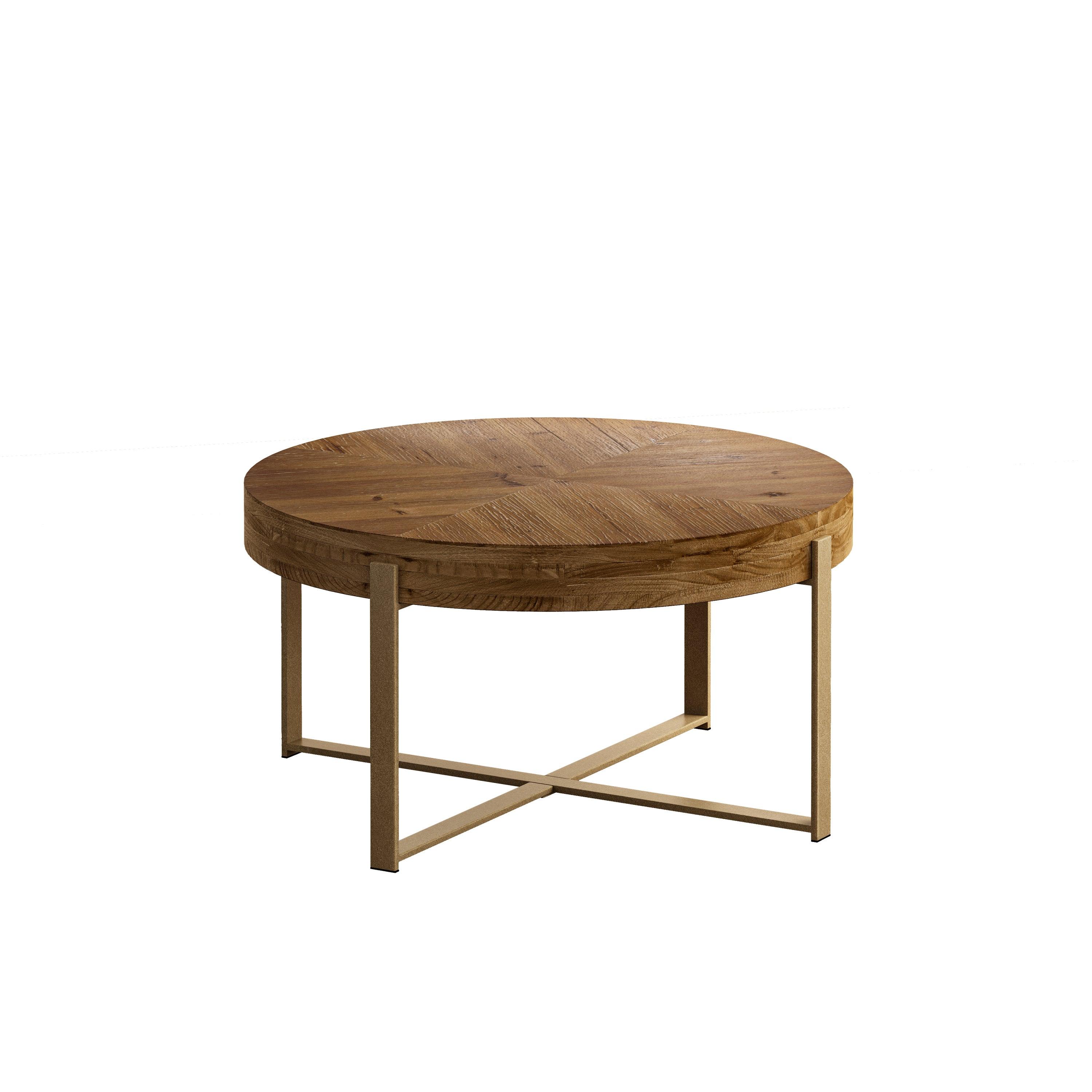 33.86" Modern Retro Splicing Round Coffee Table, Fir Wood Table Top with Gold Cross Legs Base