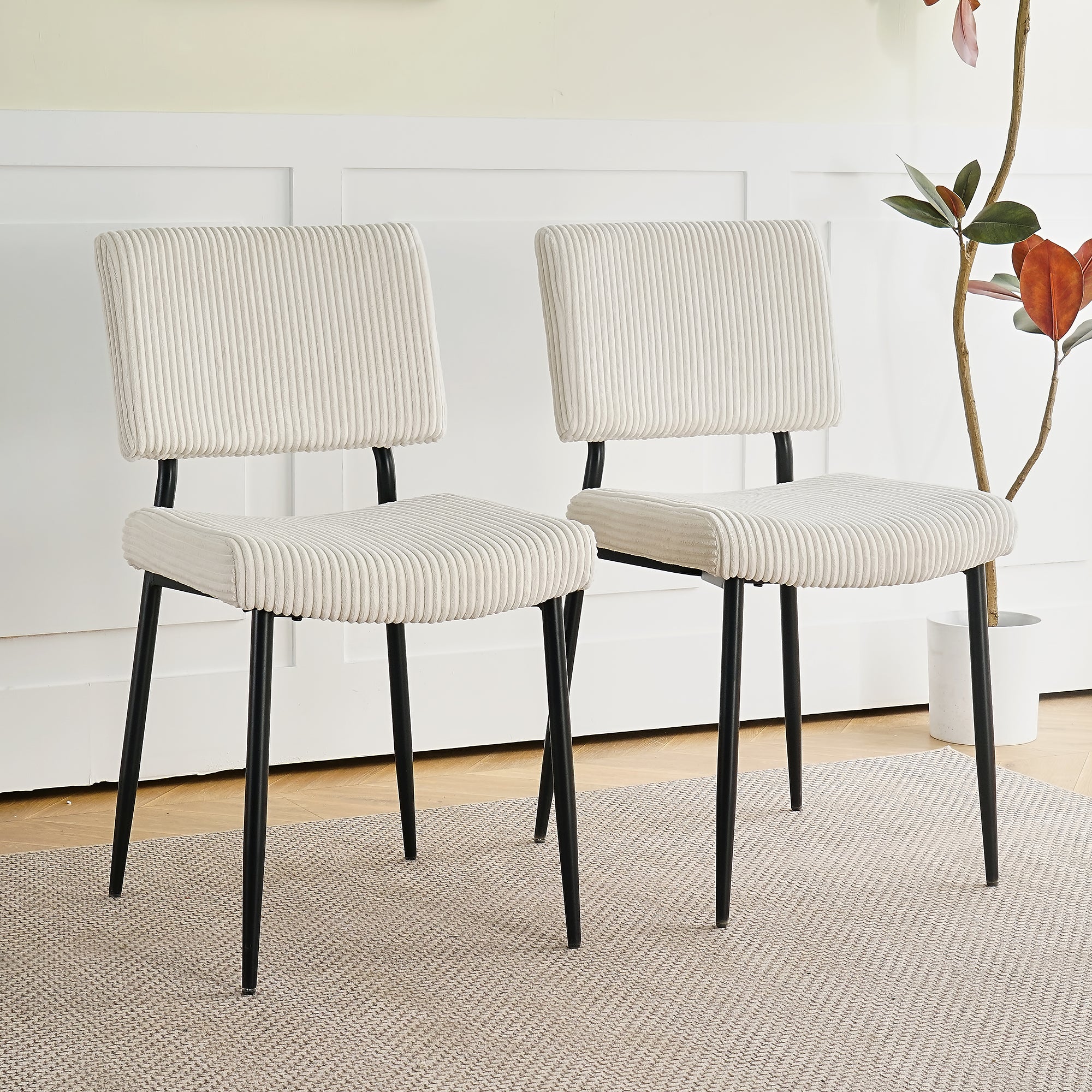 Modern Simple Fabric Upholstered Dining Chairs Black Metal Legs, Set of 2