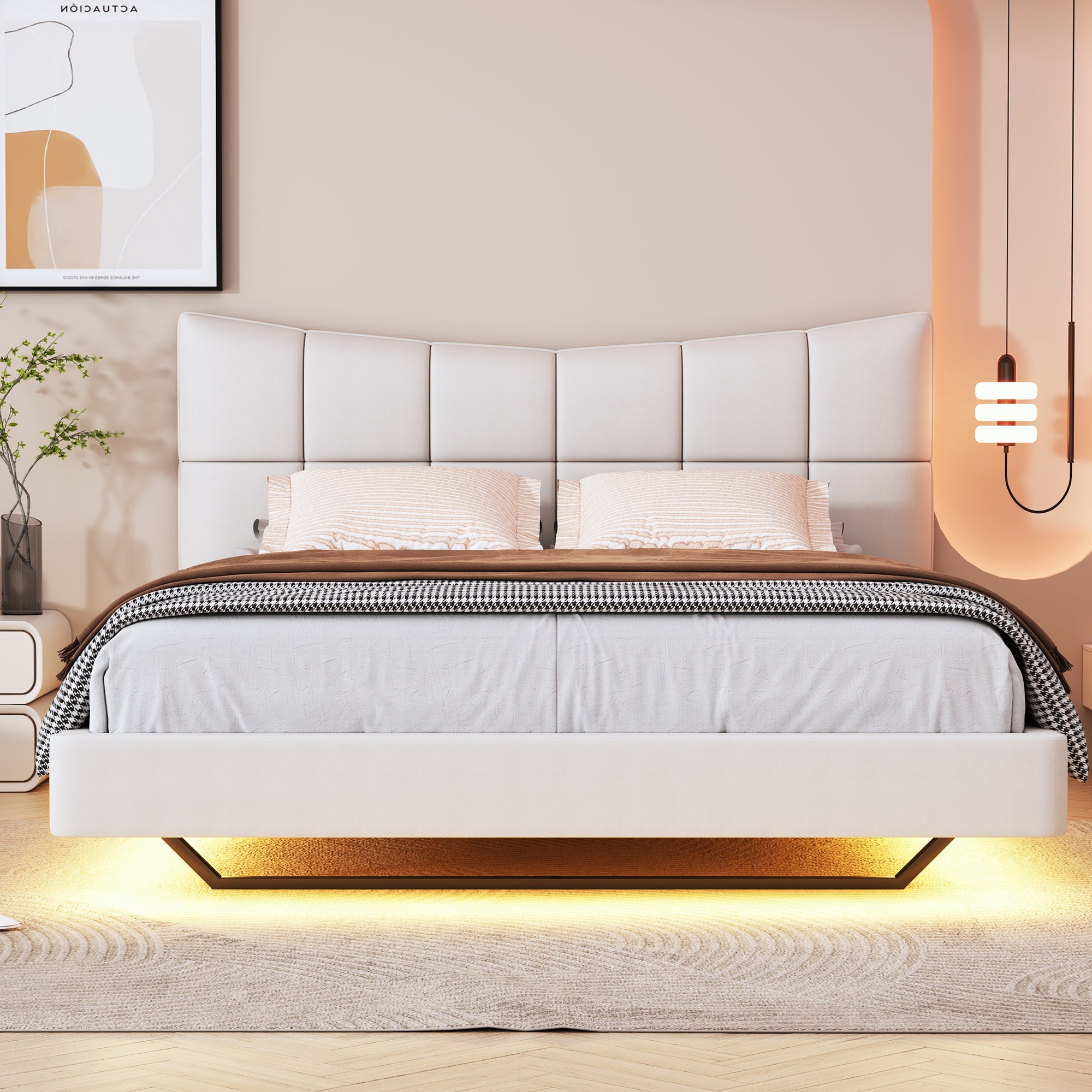 Full Size Upholstered Platform Bed with LED Lights, USB Ports and Outlets, Linen Fabric, Beige