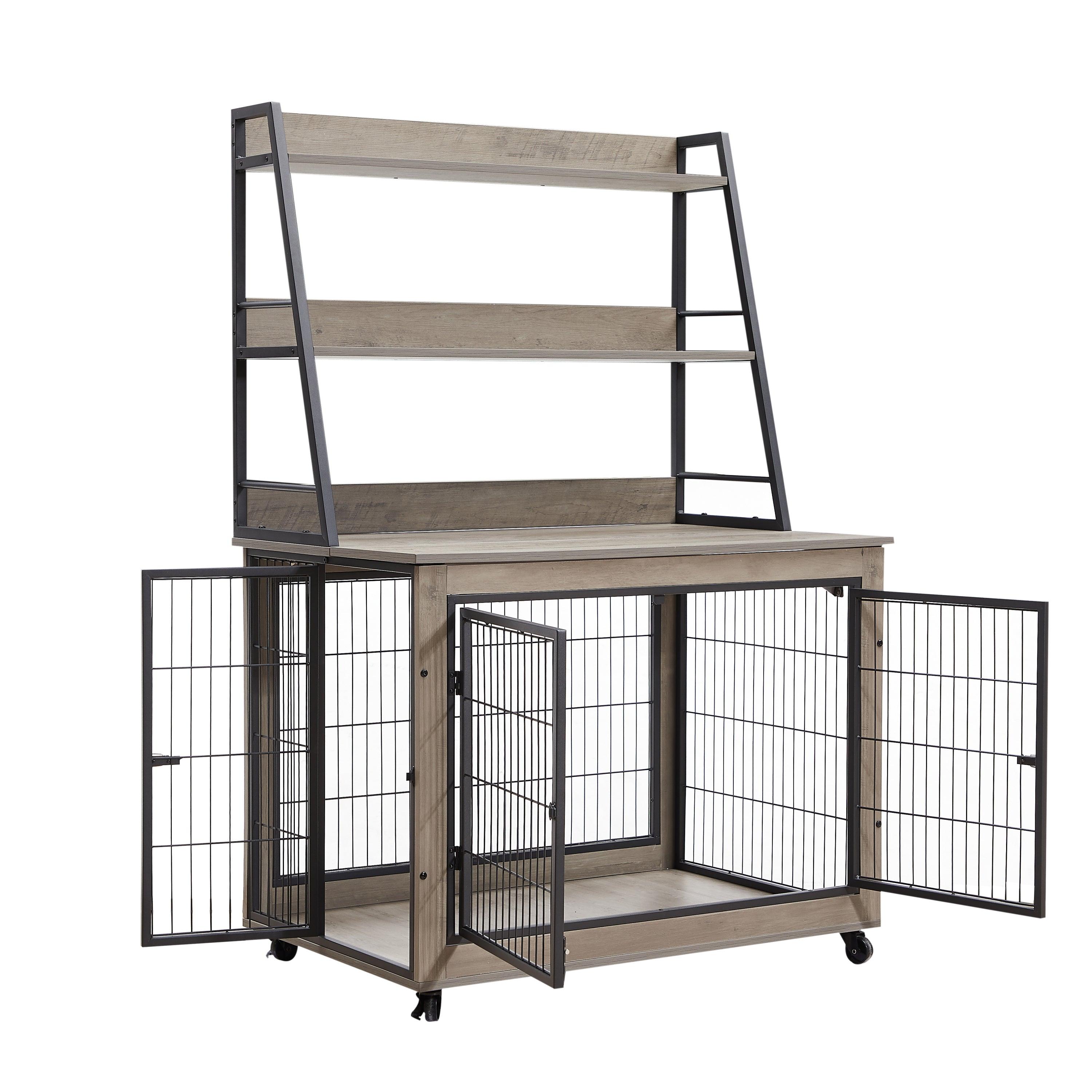 Furniture Style Dog Crate Side Table With Shelves, Equipped With Double Doors And A Raised Roof. Grey, 38.58 ''W X 25.5 ''D X 57 ''H