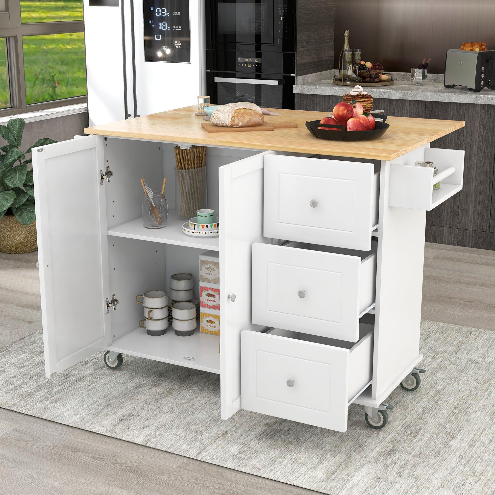 🆓🚛 Rolling Mobile Kitchen Island With Solid Wood Top & Locking Wheels, 52.7 Inch Width, Storage Cabinet & Drop Leaf Breakfast Bar, Spice Rack, Towel Rack & Drawer (White)