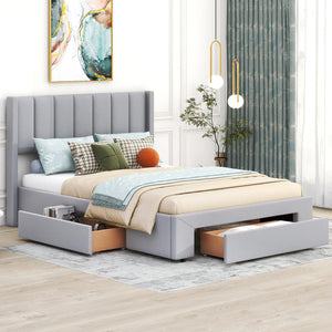 Full Size Upholstered Platform Bed with One Large Drawer in the Footboard and Drawer on Each Side, Gray