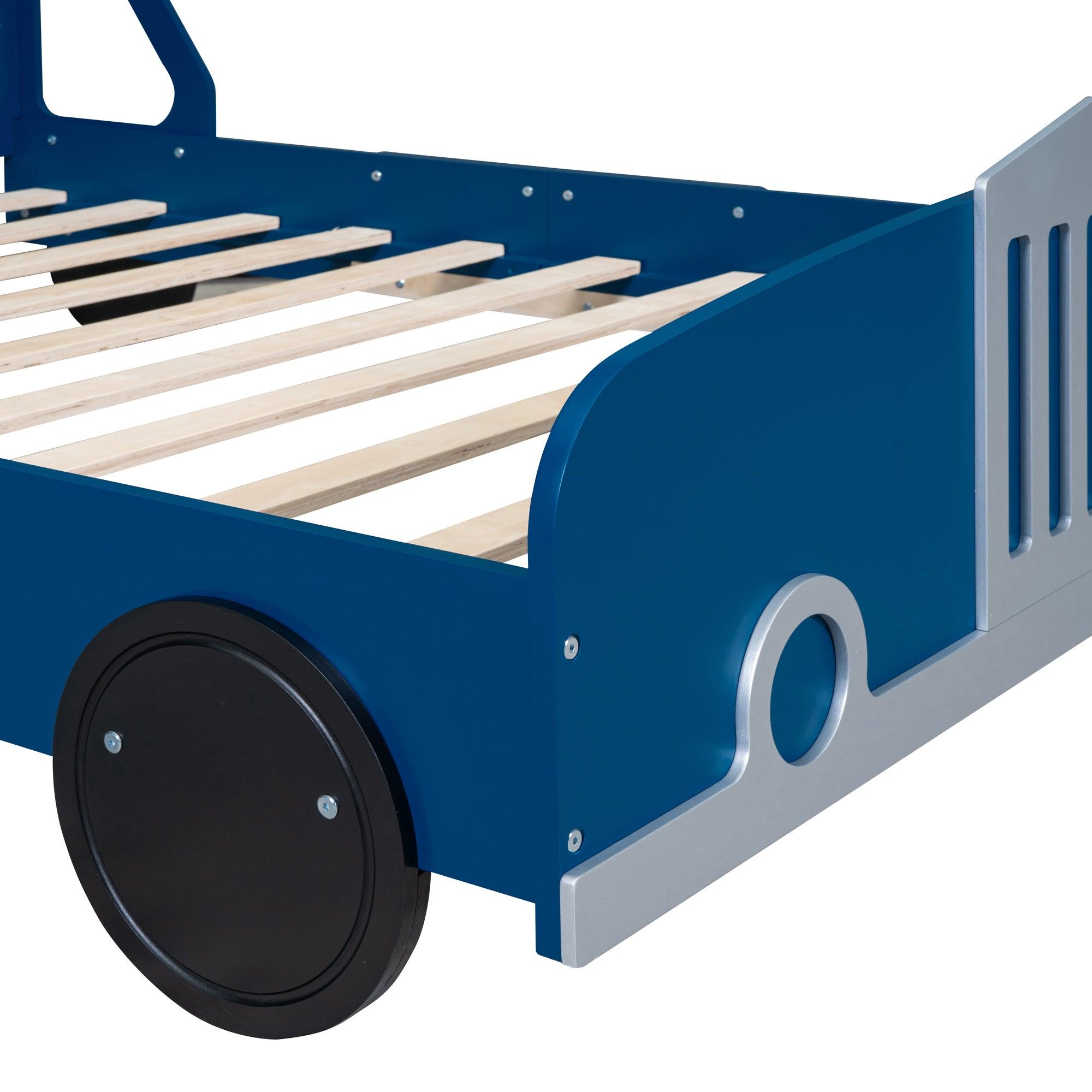 Full Size Car-Shaped Platform Bed with Wheels, Blue