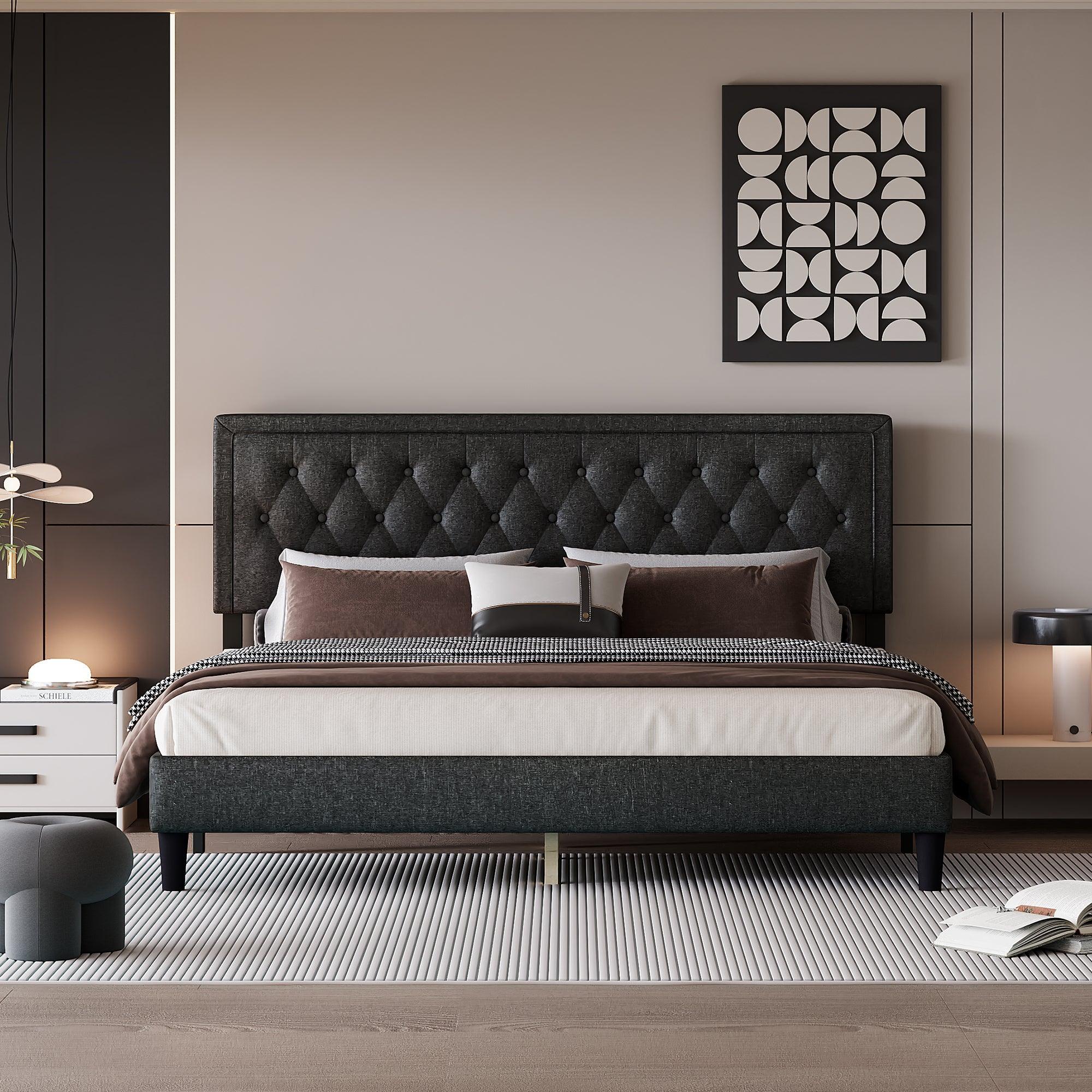 🆓🚛 King Size Panel Bed Frame With Adjustable Button-Tufted Headboard for Bedroom/Linen Upholstered/Wood Slat Support/Easy Assembly, Dark Grey