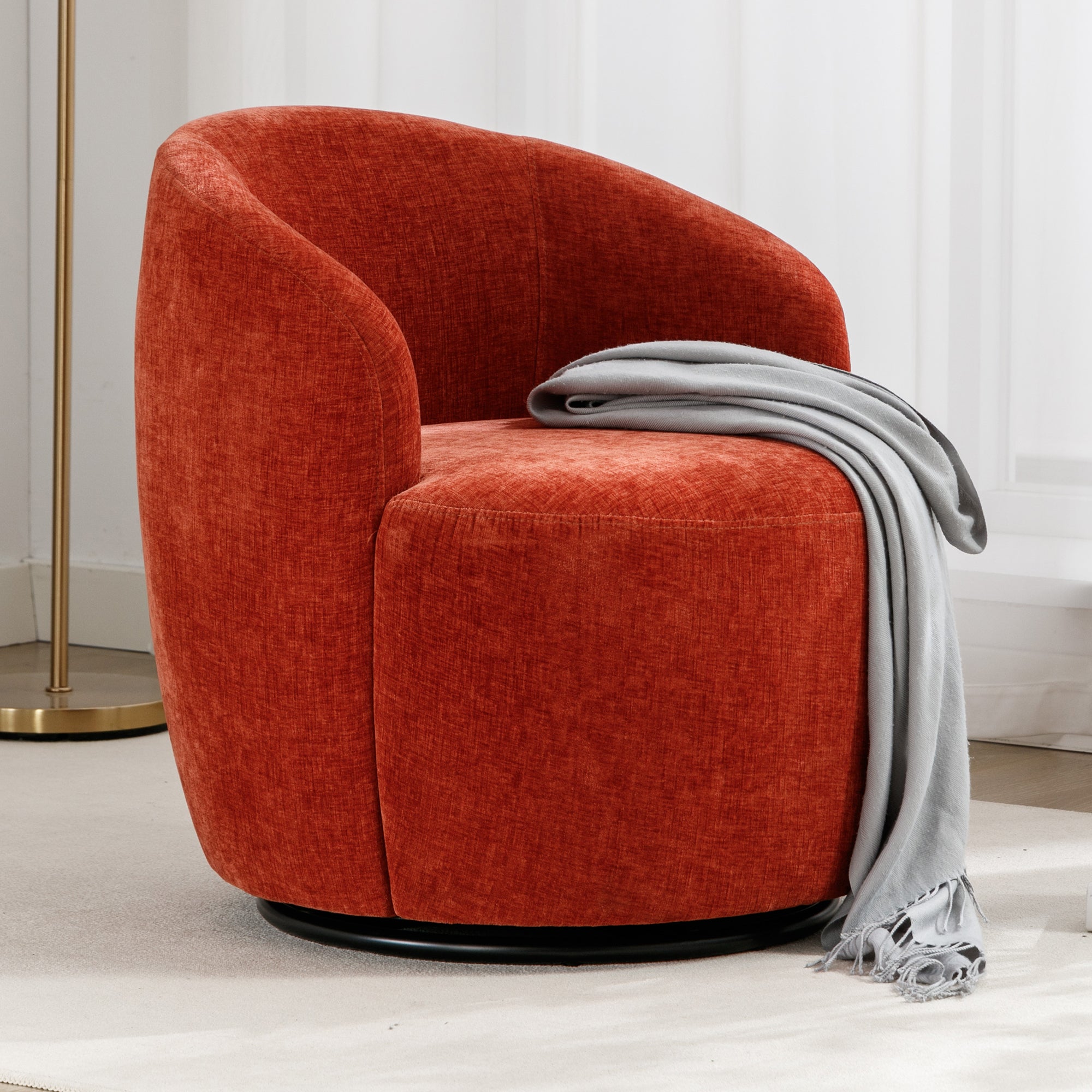 🆓🚛 Chenille Fabric Swivel Accent Armchair Barrel Chair With Black Powder Coating Metal Ring, Orange