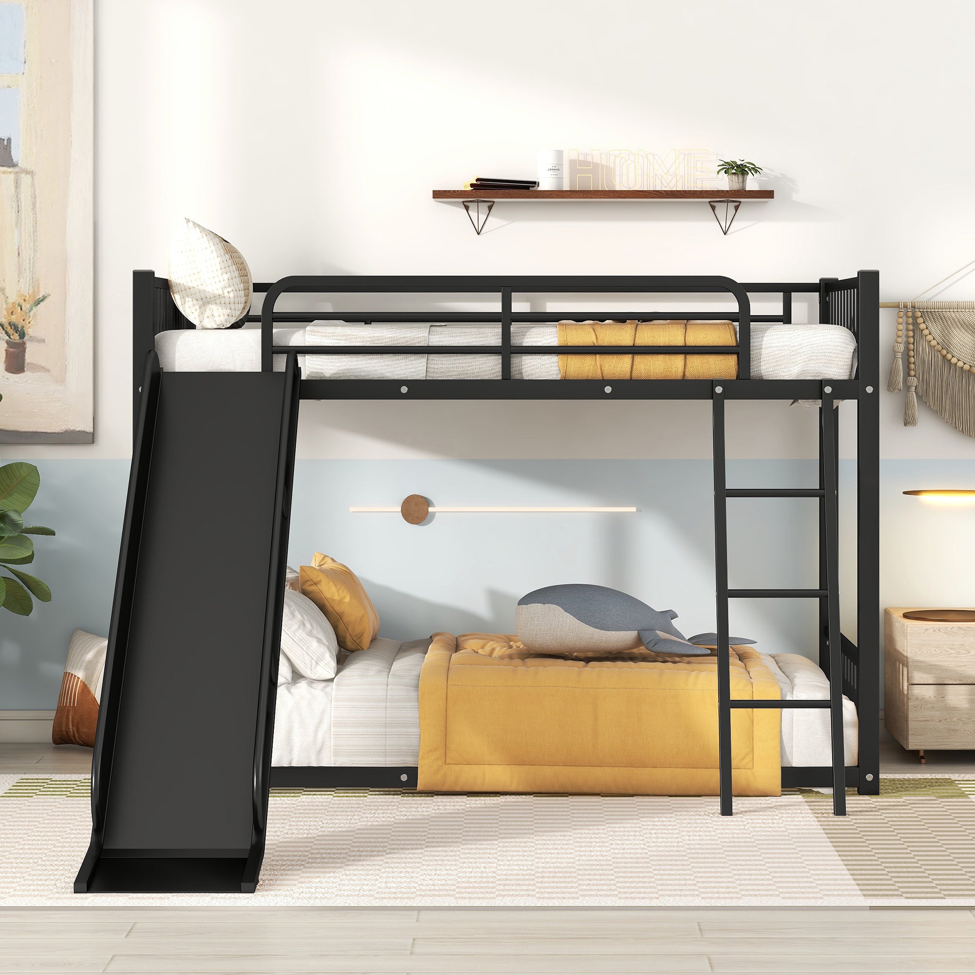 🆓🚛 Metal Bunk Bed With Slide, Twin Over Twin, Black