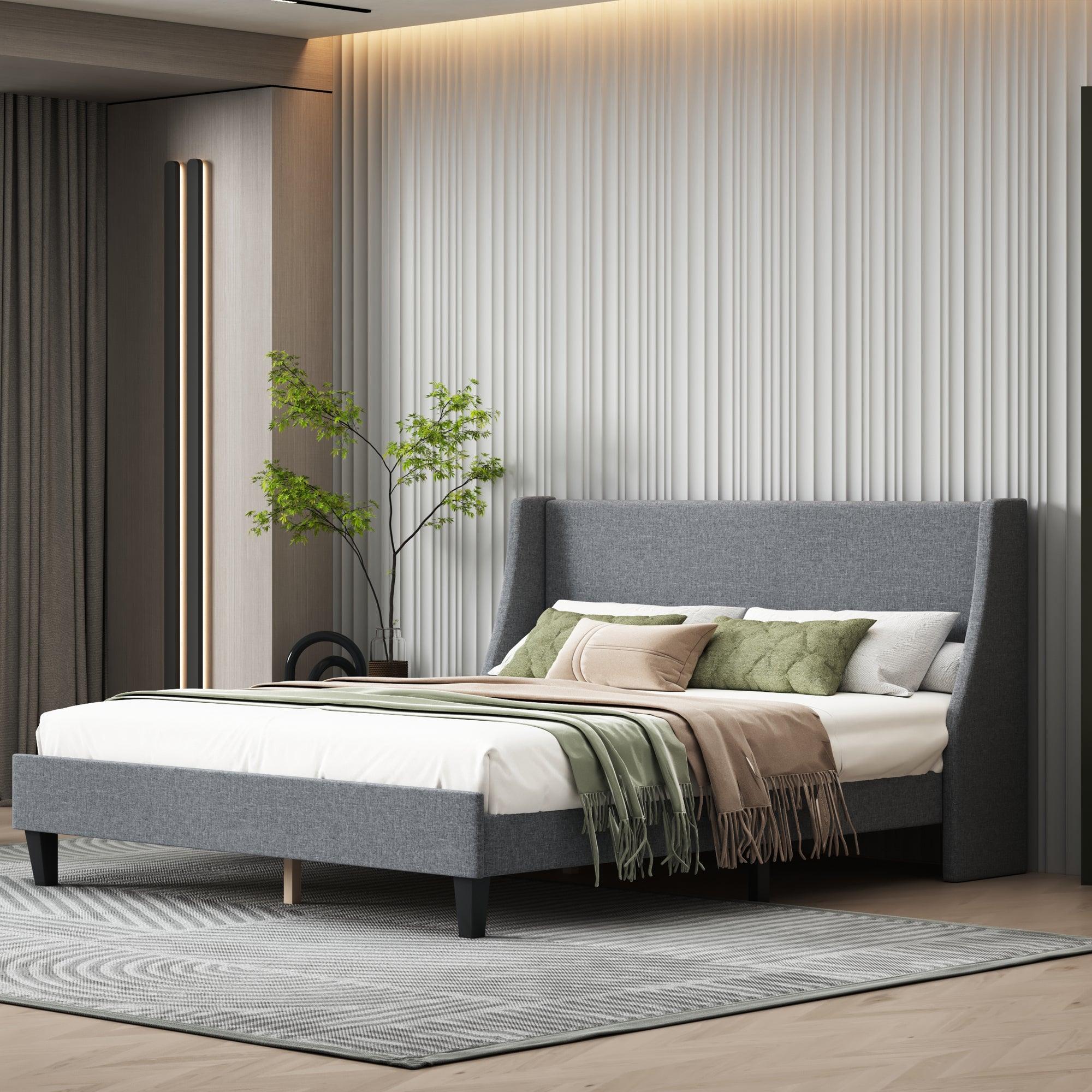 🆓🚛 Queen Size Bed Frame Upholstered Bed Frame Platform With Adjustable Headboard Linen Fabric Headboard Wooden Slats Support, Light Gray