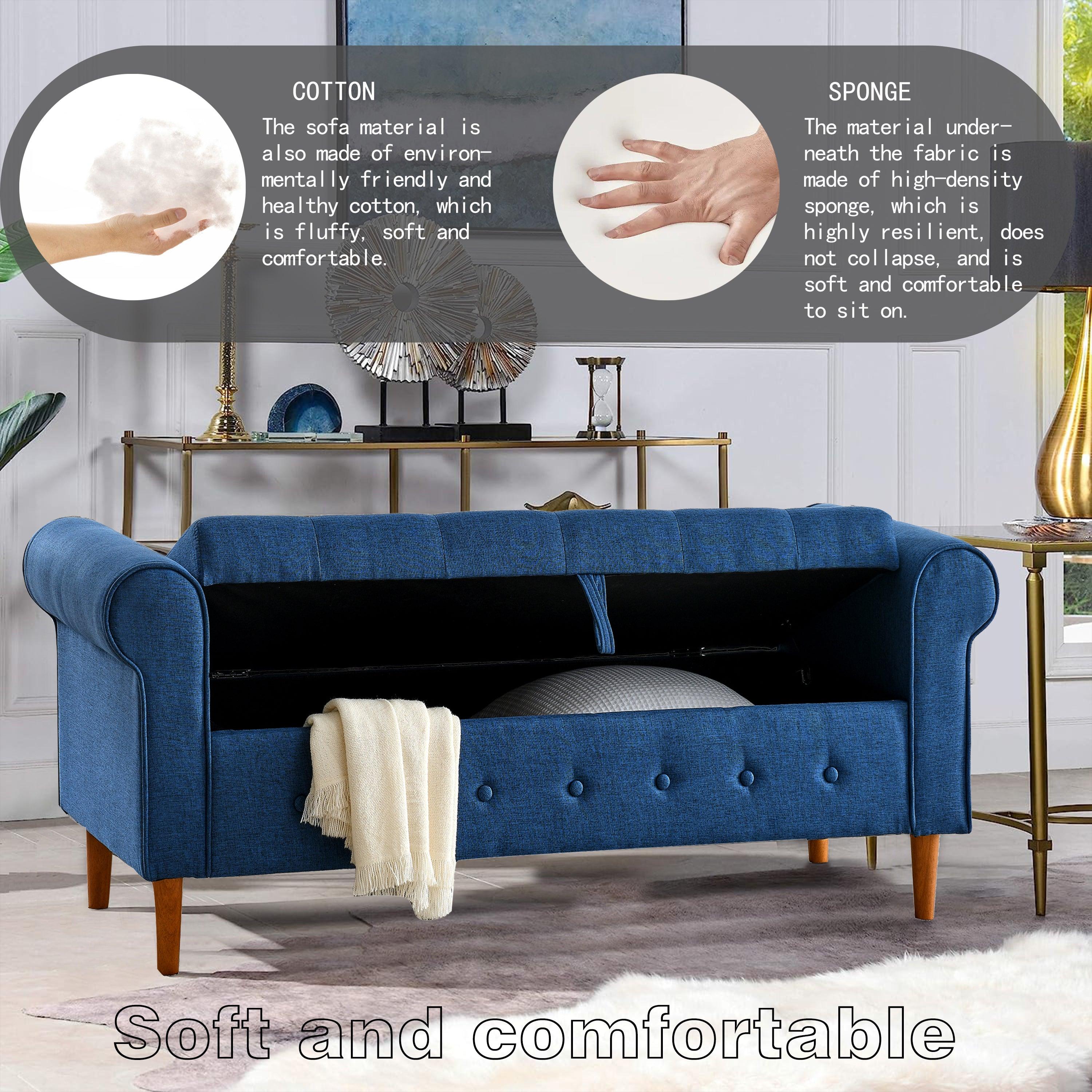 62" Bedroom Tufted Button Storage Bench, Linen Upholstered Ottoman, Window Bench, Rolled Arm Design For Bedroom, Living Room, Foyer (Blue)