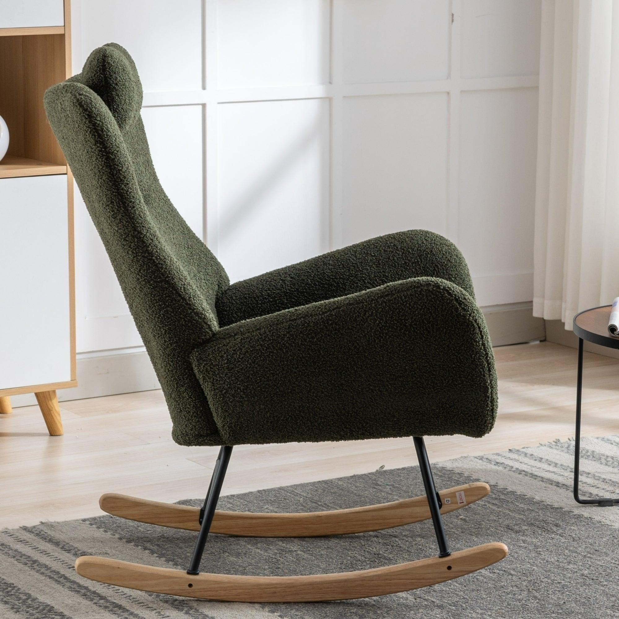 35.5 Inch Rocking Chair, Soft Teddy Velvet Fabric Rocking Chair For Nursery, Comfy Wingback Glider Rocker With Safe Solid Wood Base For Living Room Bedroom Balcony (Dark Green) LamCham