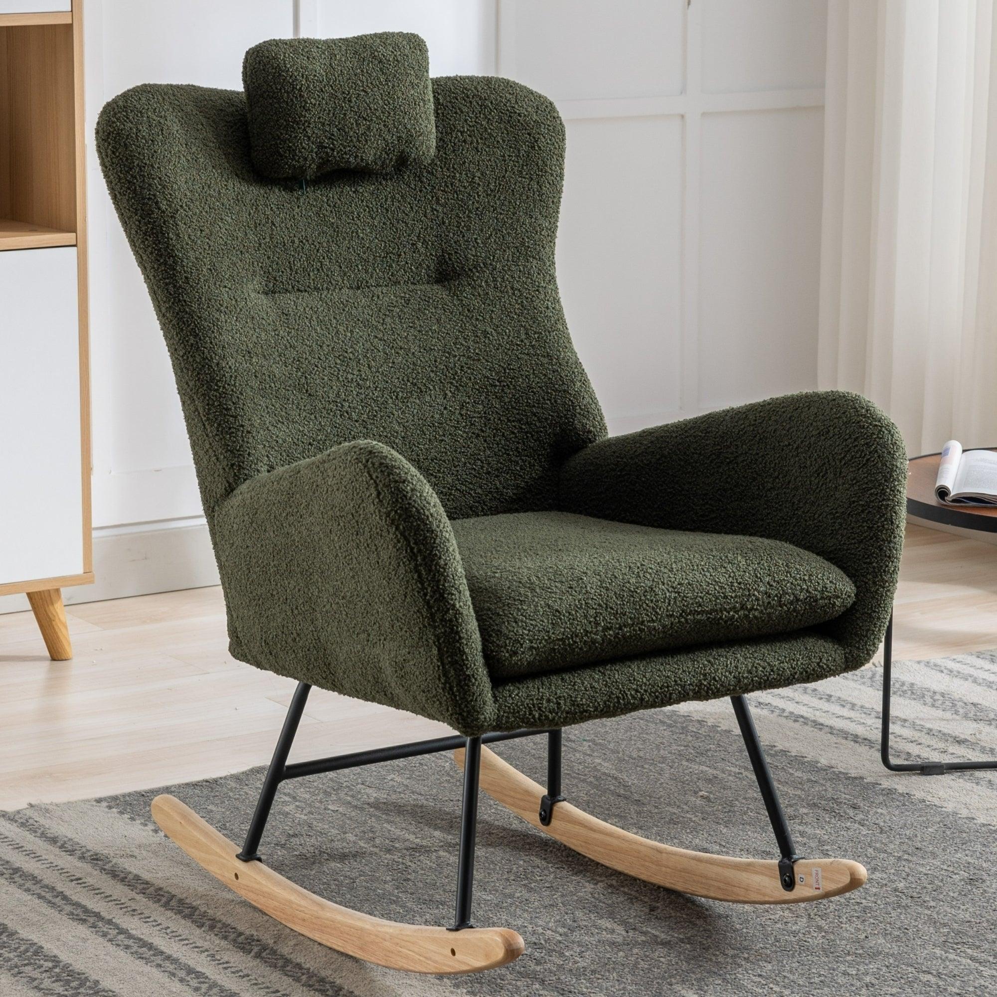 35.5 Inch Rocking Chair, Soft Teddy Velvet Fabric Rocking Chair For Nursery, Comfy Wingback Glider Rocker With Safe Solid Wood Base For Living Room Bedroom Balcony (Dark Green) LamCham