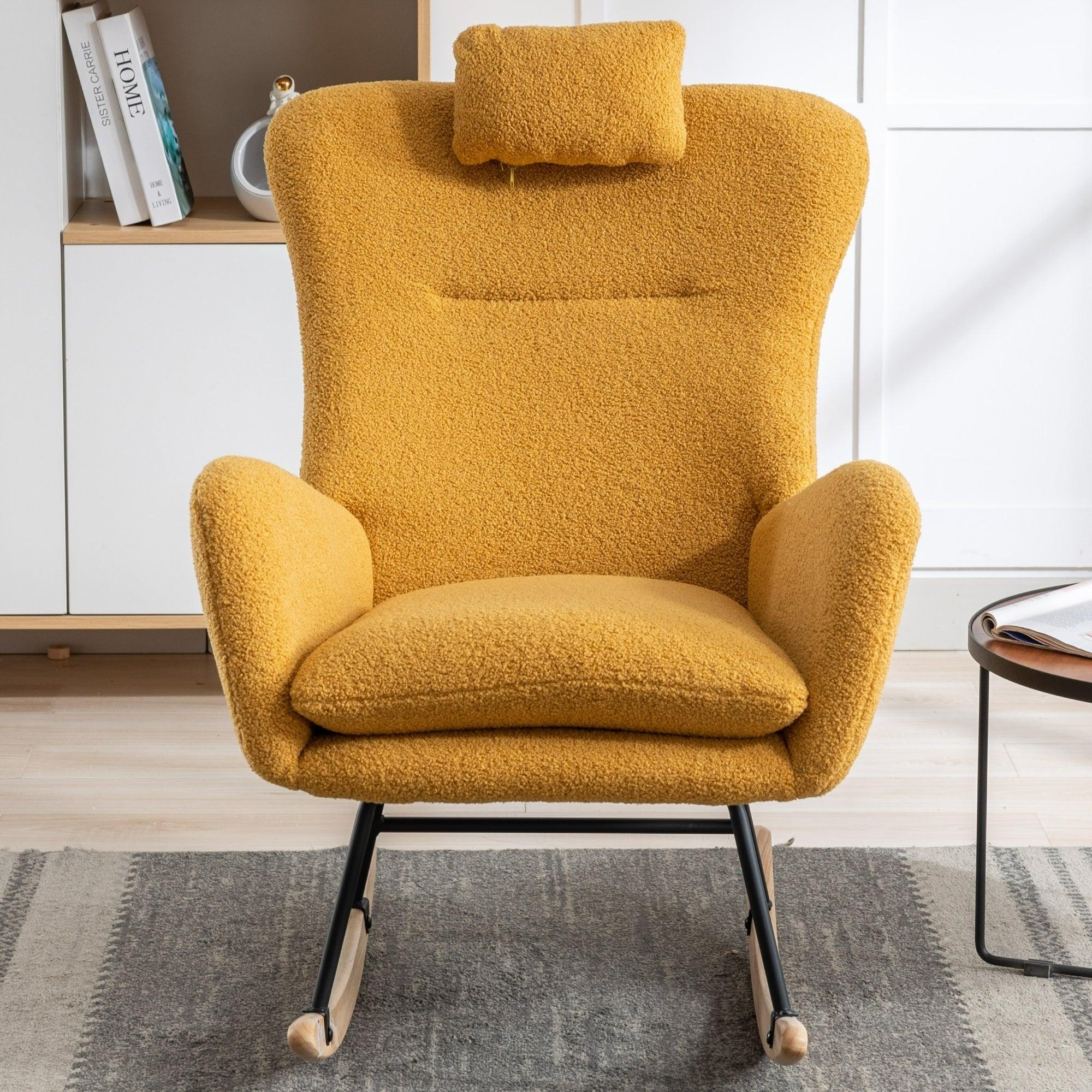 35.5 Inch Rocking Chair, Soft Teddy Velvet Fabric Rocking Chair For Nursery, Comfy Wingback Glider Rocker With Safe Solid Wood Base For Living Room Bedroom Balcony (TURMERIC) LamCham