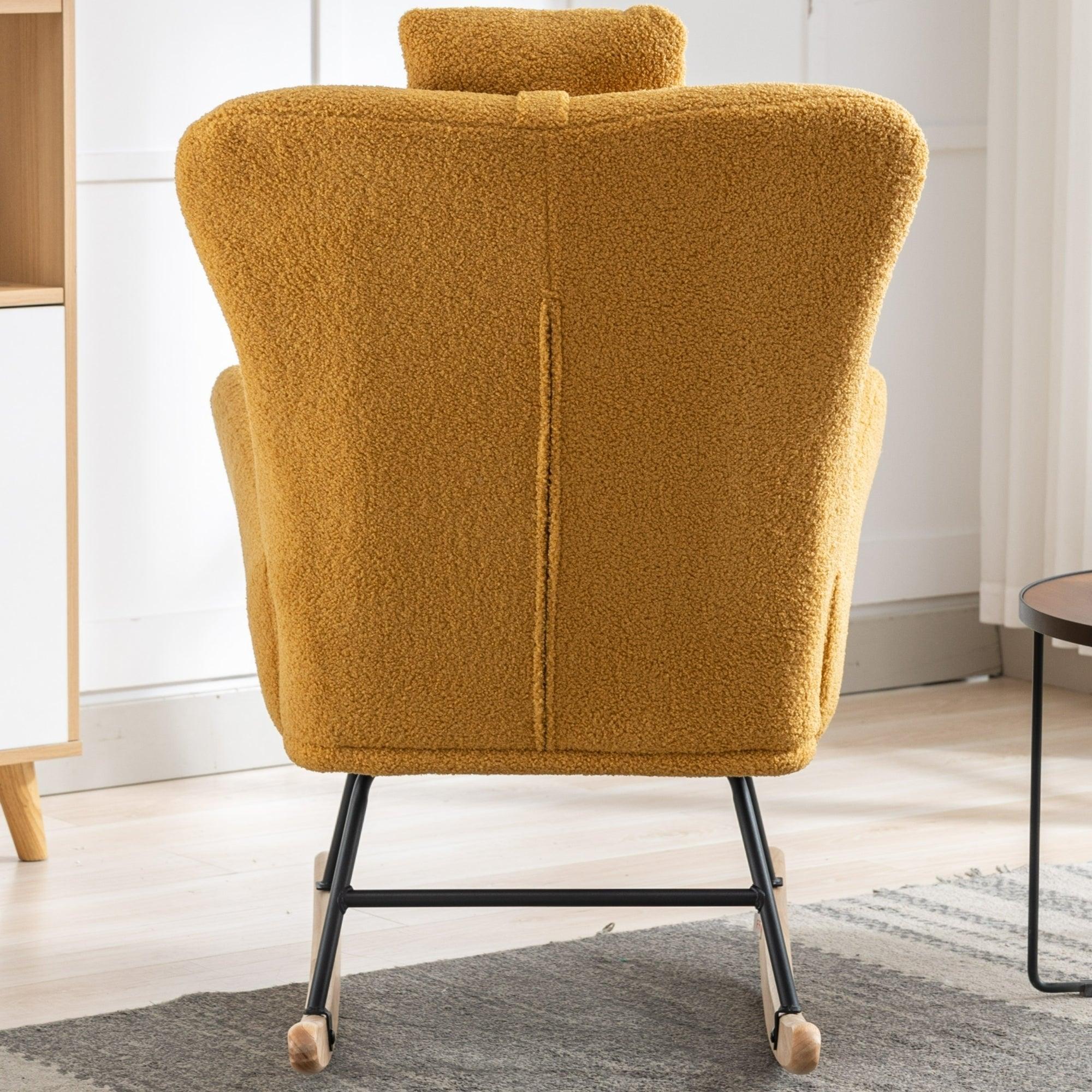 35.5 Inch Rocking Chair, Soft Teddy Velvet Fabric Rocking Chair For Nursery, Comfy Wingback Glider Rocker With Safe Solid Wood Base For Living Room Bedroom Balcony (TURMERIC) LamCham