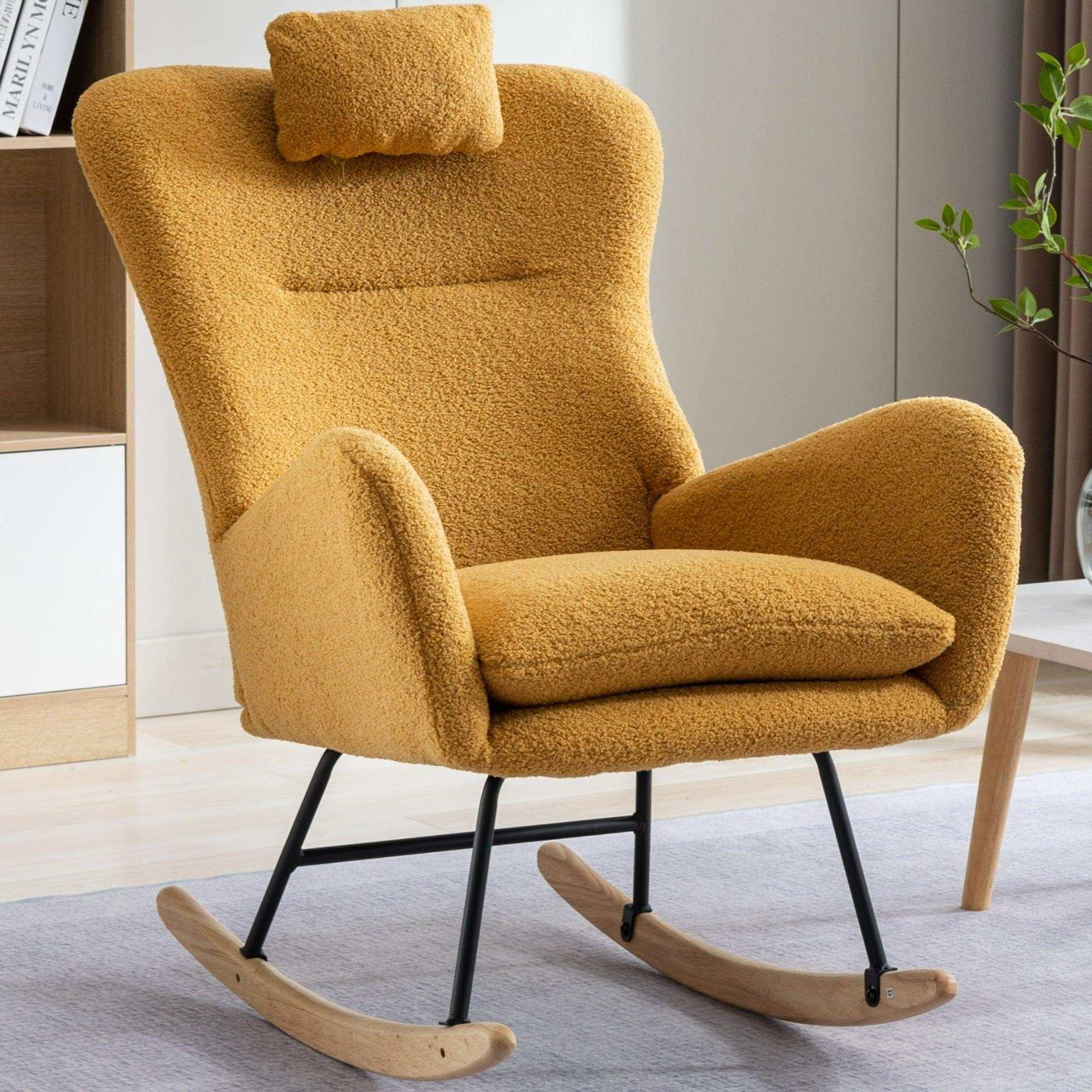 35.5 Inch Rocking Chair, Soft Teddy Velvet Fabric Rocking Chair For Nursery, Comfy Wingback Glider Rocker With Safe Solid Wood Base For Living Room Bedroom Balcony (TURMERIC) LamCham