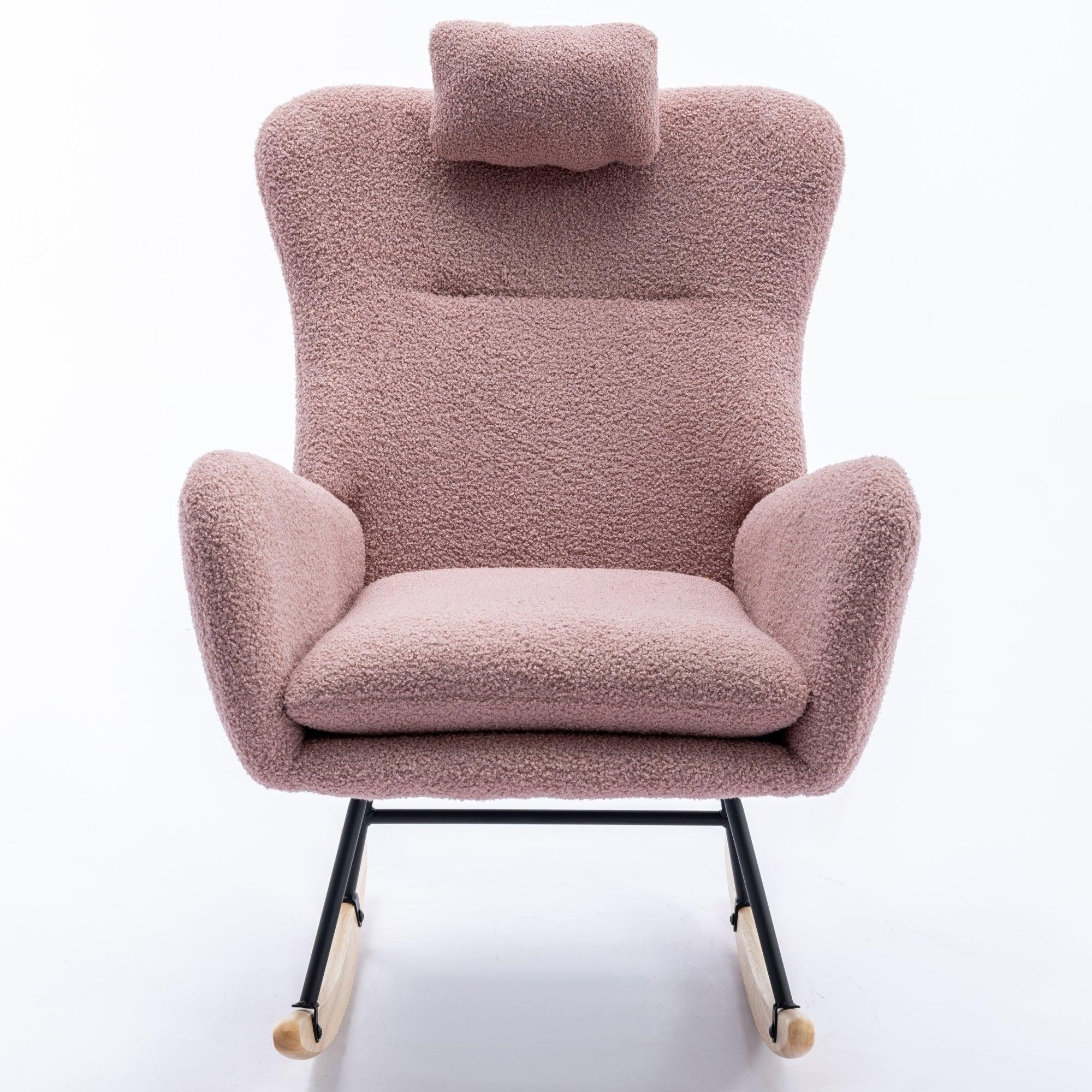 35.5 Inch Rocking Chair, Soft Teddy Velvet Fabric Rocking Chair For Nursery, Comfy Wingback Glider Rocker With Safe Solid Wood Base For Living Room Bedroom Balcony (Pink) LamCham