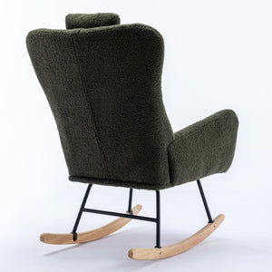 35.5 Inch Rocking Chair, Soft Teddy Velvet Fabric Rocking Chair For Nursery, Comfy Wingback Glider Rocker With Safe Solid Wood Base For Living Room Bedroom Balcony (Dark Green) LamCham