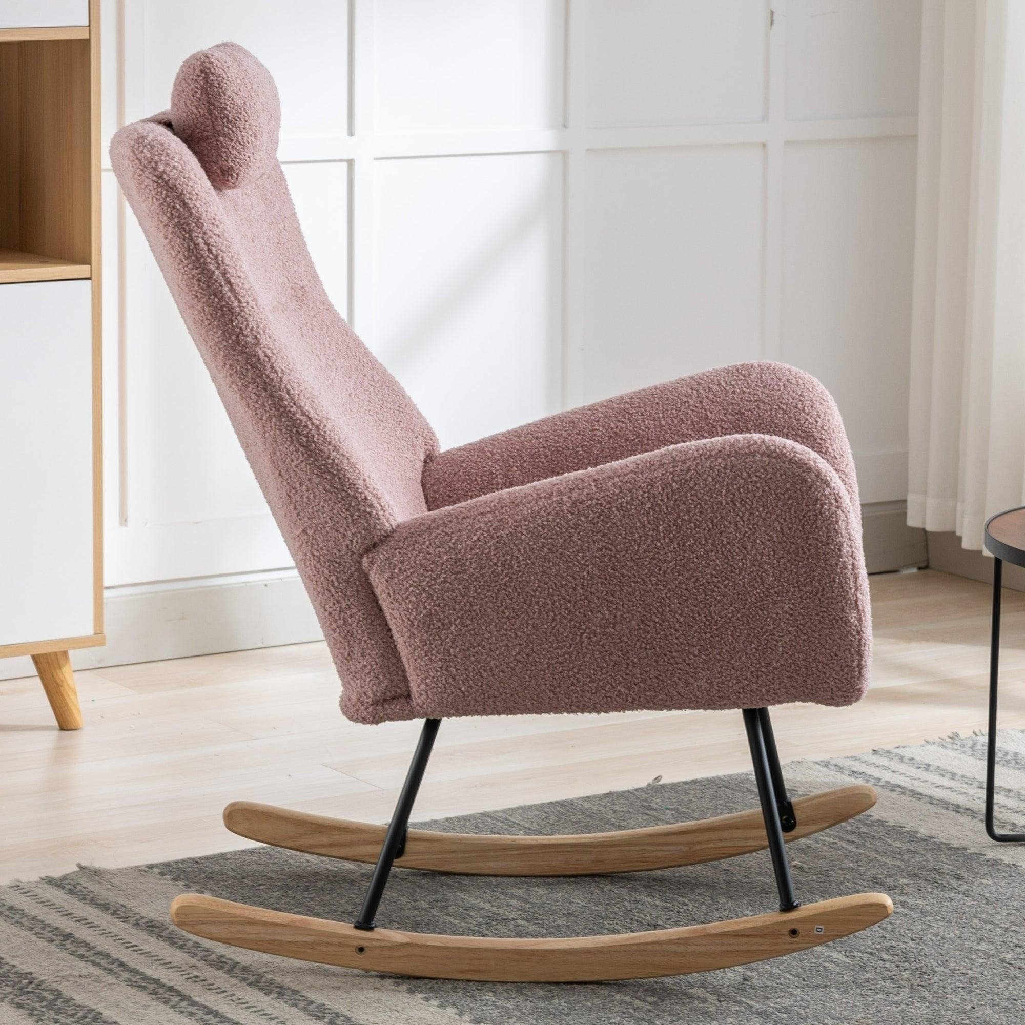 35.5 Inch Rocking Chair, Soft Teddy Velvet Fabric Rocking Chair For Nursery, Comfy Wingback Glider Rocker With Safe Solid Wood Base For Living Room Bedroom Balcony (Pink) LamCham