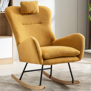 35.5 Inch Rocking Chair, Soft Teddy Velvet Fabric Rocking Chair For Nursery, Comfy Wingback Glider Rocker With Safe Solid Wood Base For Living Room Bedroom Balcony (TURMERIC) LamCham