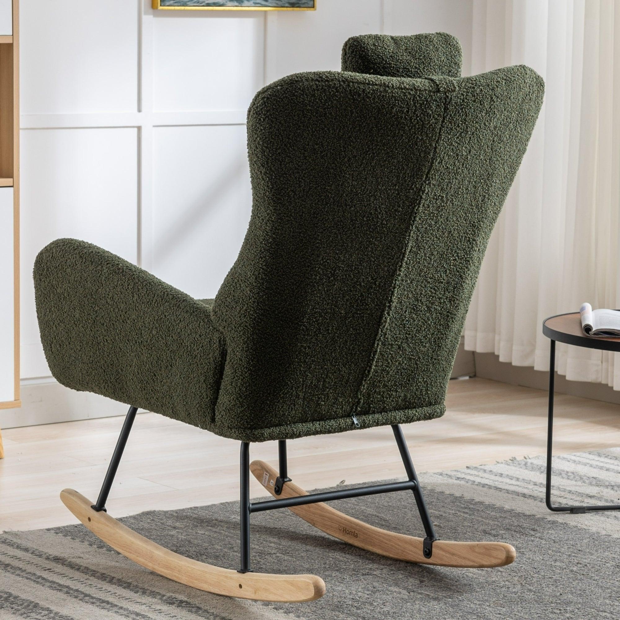 35.5 Inch Rocking Chair, Soft Teddy Velvet Fabric Rocking Chair For Nursery, Comfy Wingback Glider Rocker With Safe Solid Wood Base For Living Room Bedroom Balcony (Dark Green) LamCham